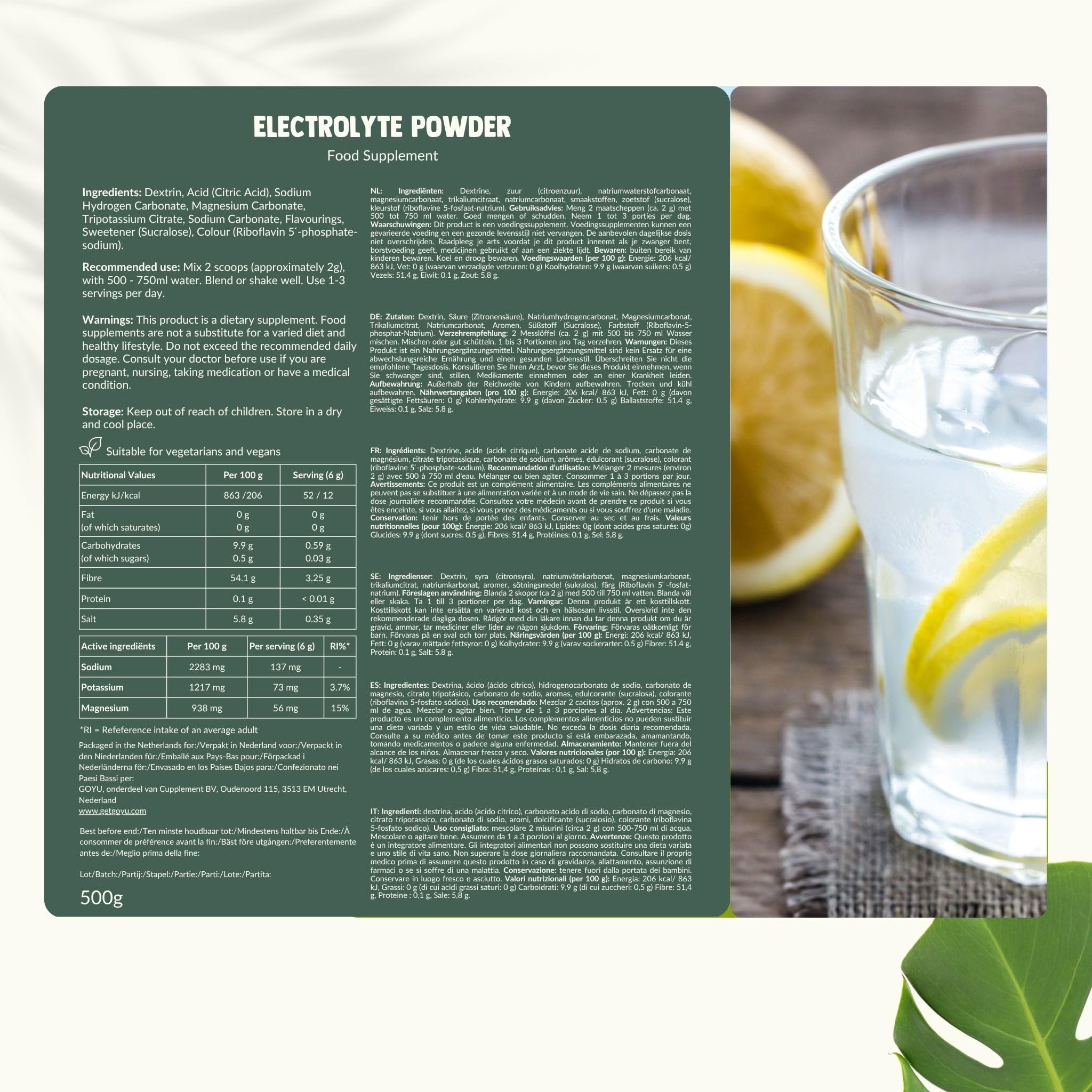 Electrolytes Powder 500 gramos Lime & Lemon Flavor - Free Scoop - Electrolitos - Sin tabletas, Ruidos Tablets, Powerbar, Sports Drink o gotas de agua - Sin azúcar y keto - Electrolites