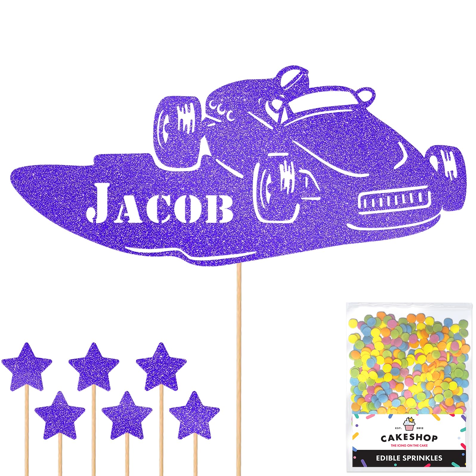 Personalised Classic Vintage Car Glitter Topper - Bright Blue Custom Name Glitter Cake Decoration and Sprinkles - Happy Birthday Decorations - Personalised Toppers for Cakes by Cakeshop
