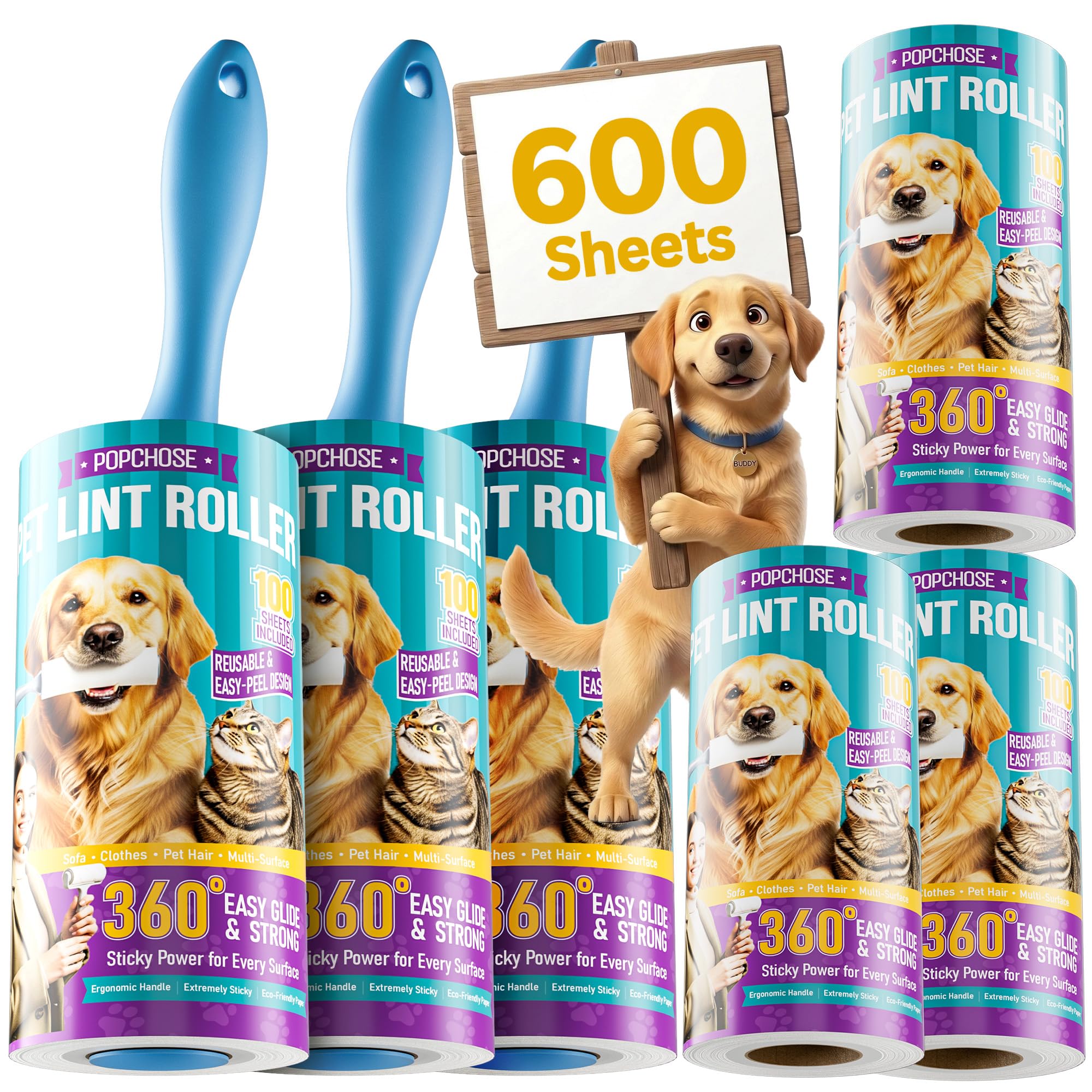 POPCHOSE Lint Roller for Pet Hair Extra Sticky, 600 Sheets with 3 Handles