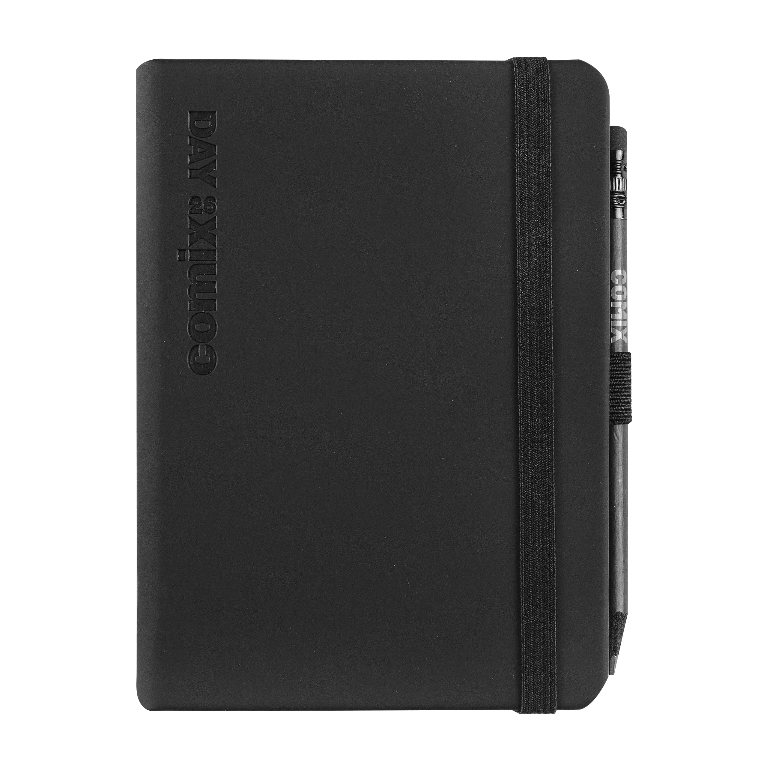 COMIX, Mignon - 2026 Daily 12 Month Diary, Closure with Elastic Band and Elastic Loop for Pencil or Pen, Comix Pencil Included, Double Bookmark - 9 x 12.5 cm, Black