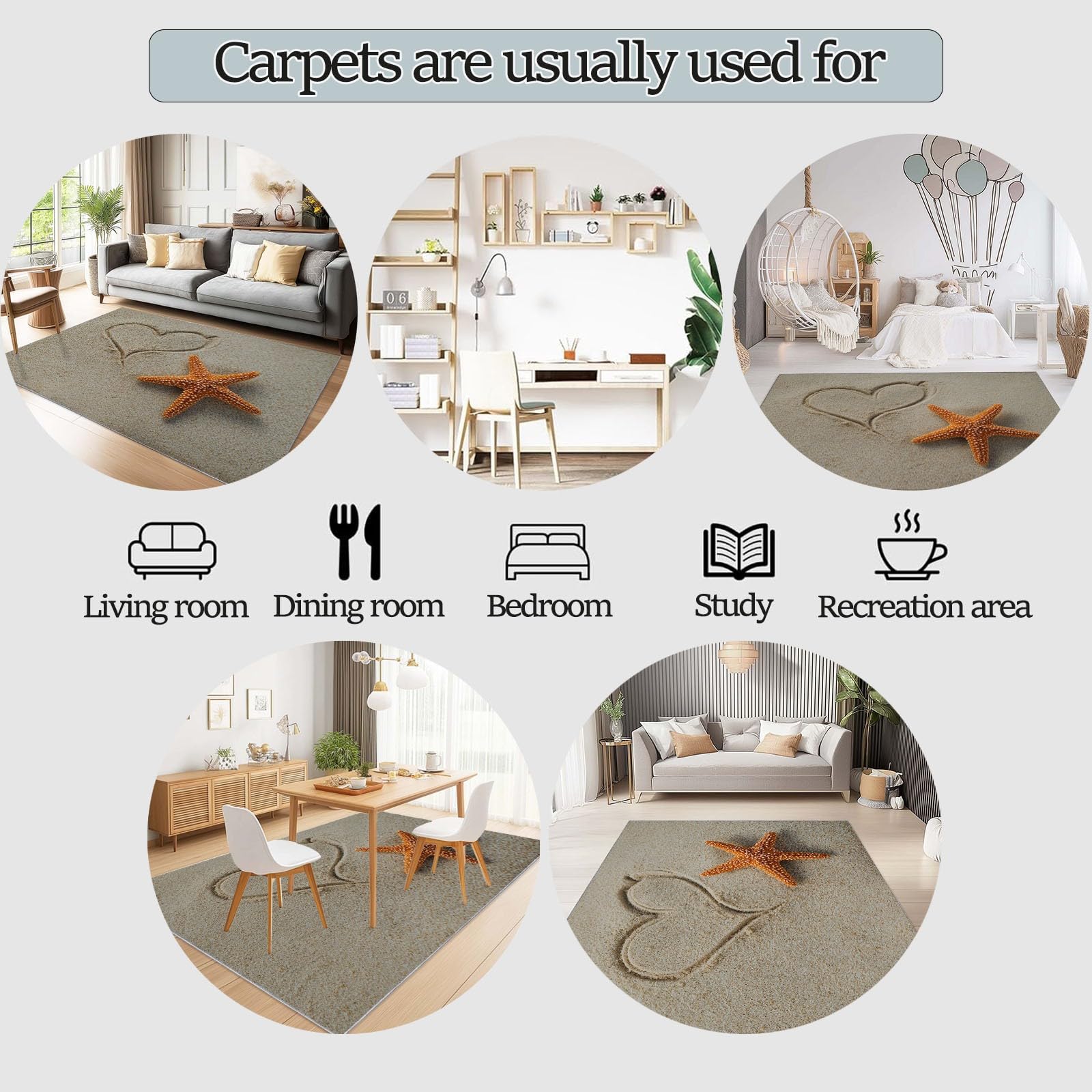 Générique Tappeto marrone chiaro, 160 x 230 cm, chic romantico, sabbia cuori, stella marina, tappeto da gioco, morbido e antiscivolo, per la cameretta dei bambini e degli adolescenti, lavabile in
