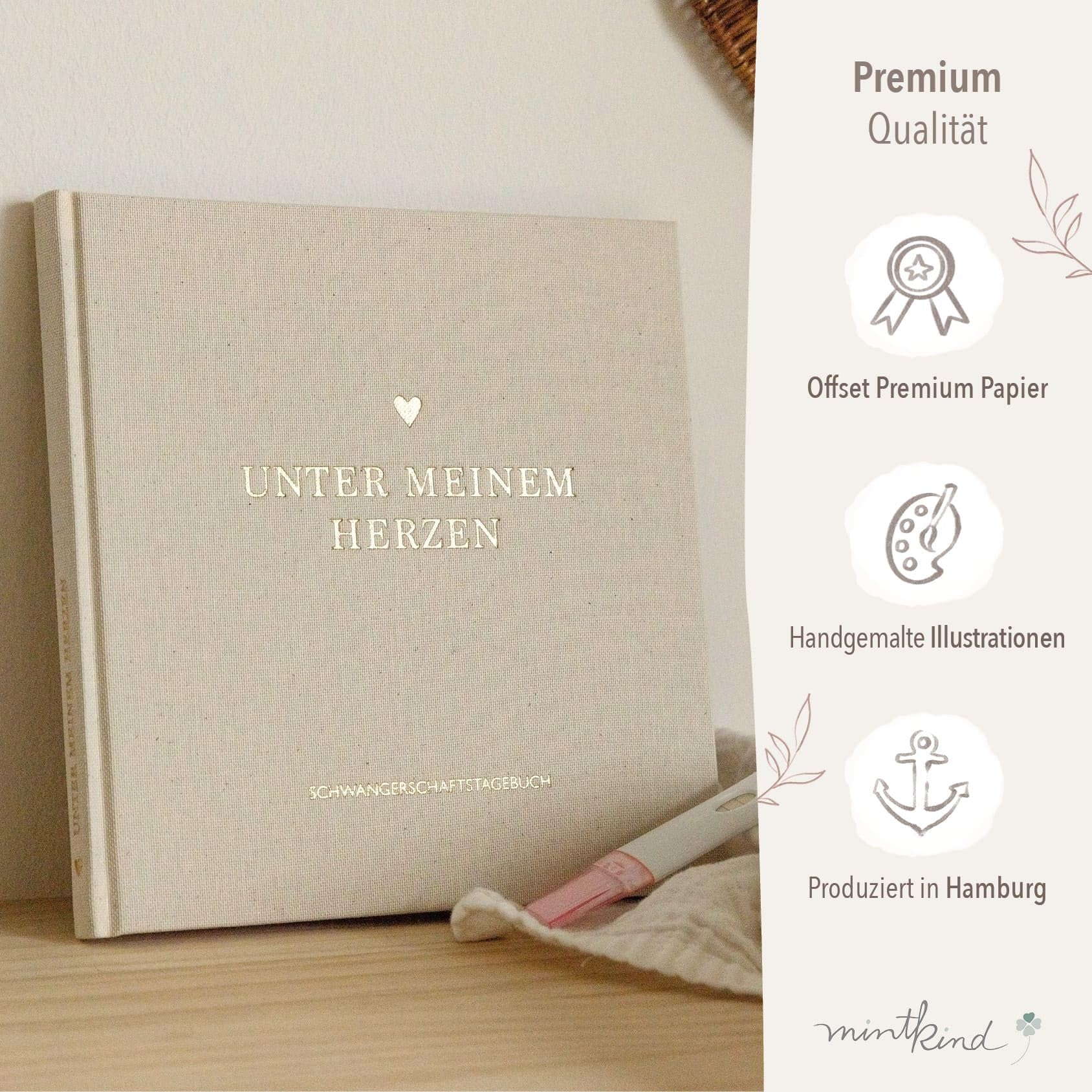 mintkind® Schwangerschaftstagebuch Leinen „Meine Schwangerschaft“ + Sticker Set I Hardcover Tagebuch zum Eintragen I Geschenk für Schwangere und werdende Mütter | Schwangerschaft Fotoalbum Baby Album