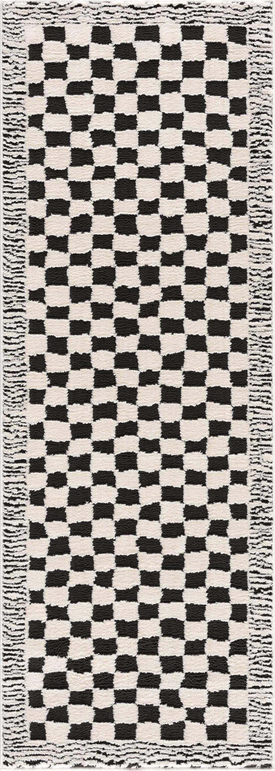 BoutiqueRugs Leryn Checkered Shag Runner Rug - High and Low Pile Fluffy Shag Carpet for Kids Room, Hallway - Black and White - 2'8