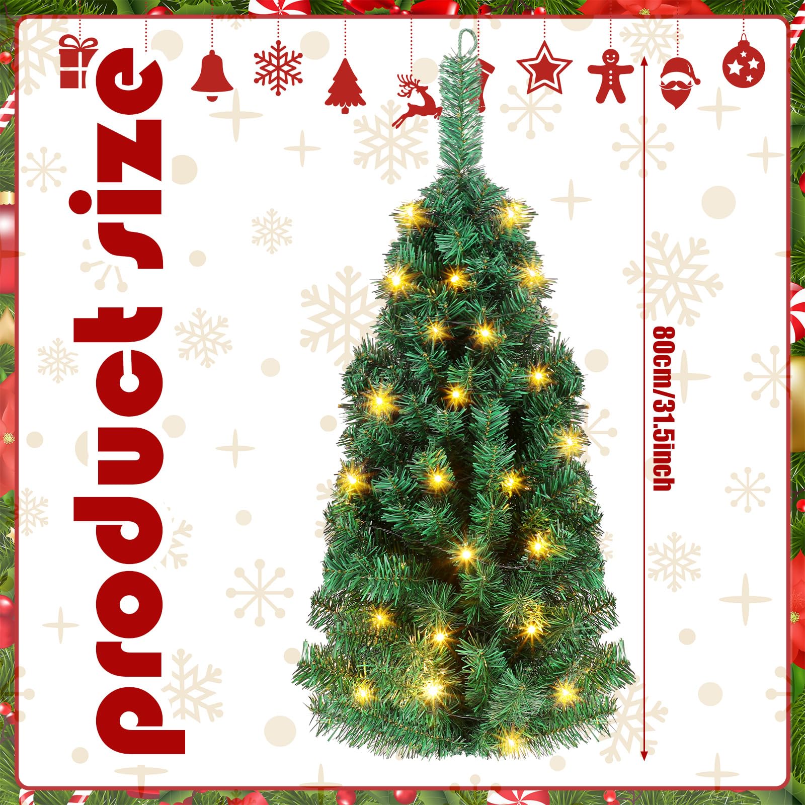Poen Sapin de Noël artificiel mural de 89,9 cm avec 50 lumières LED et boîtier à piles - Décoration murale pour Noël, maison, bureau, appartement, décorations de fête