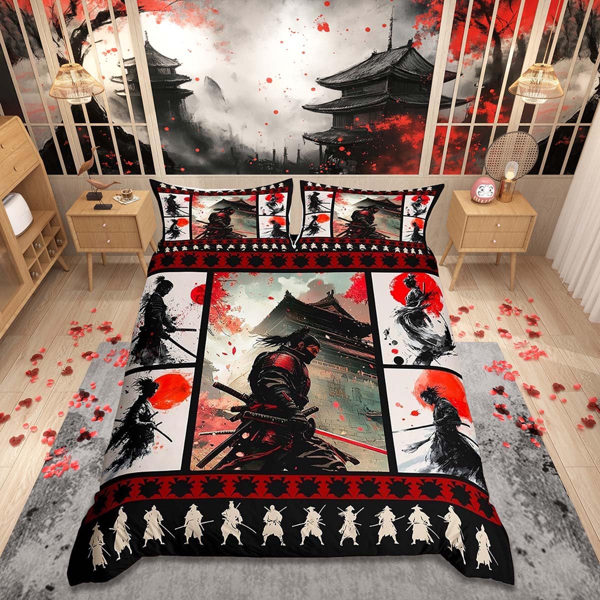 Loussiesd Japanese Samurai Duvet Cover Set King Size Sunset Bedding Set Kids Boys Girls Japanese House Vintage Building Duvet Cover with 2 Pillowcases