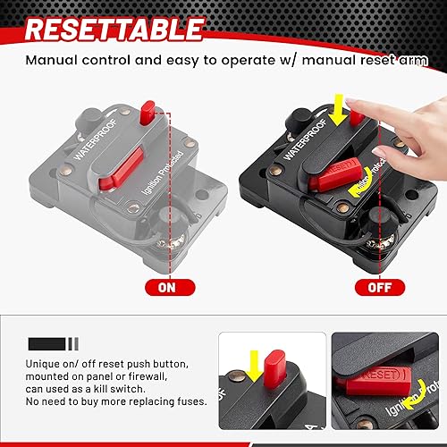 Miniatura 4 de RED WOLF Paquete de 4 interruptores de 200 amperios de reinicio manual para sistemas de energía solar estéreo de automóvil, ATV, motor de arrastre,