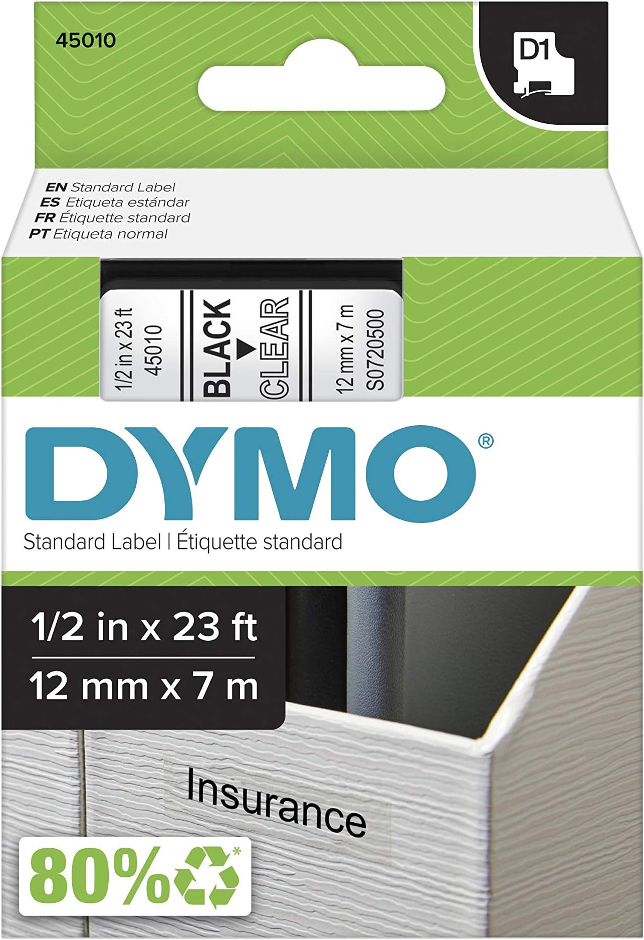 DYMO Standard D1 45010 Labeling Tape (Black Print on Clear Tape, 1/2'' W x 23' L, 1 Cartridge), DYMO Authentic