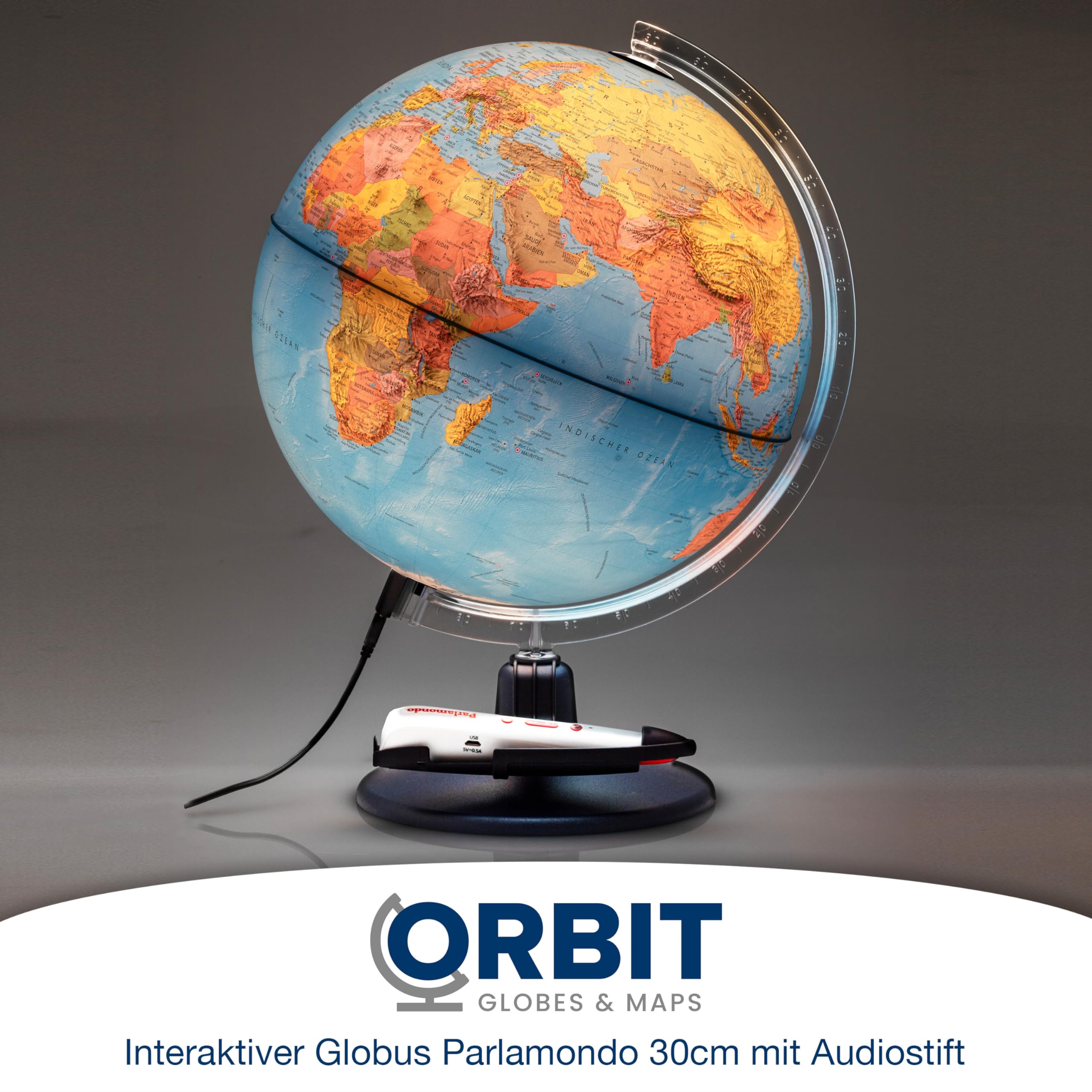 ORBIT Globes & Maps - Interaktiver Audio-Leuchtglobus mit dem Audio-Stift, 30 cm Globus mit stabilem Kunststofffuß, Stifthalterung, deutsches Kartenbild von 2026, USB 5Volt Anschluss