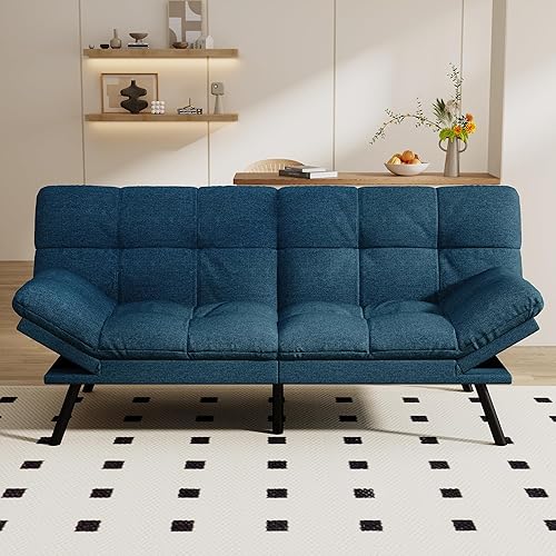 Opoiar Convertible Futon Sofa Bed,71" Memory Foam Futon Couch,Detachable Cushion,Adjustable Backrest & Armrest,Linen Modern Loveseat Sleeper Recliner for Living Room,Office,Apartment,Retro Blue