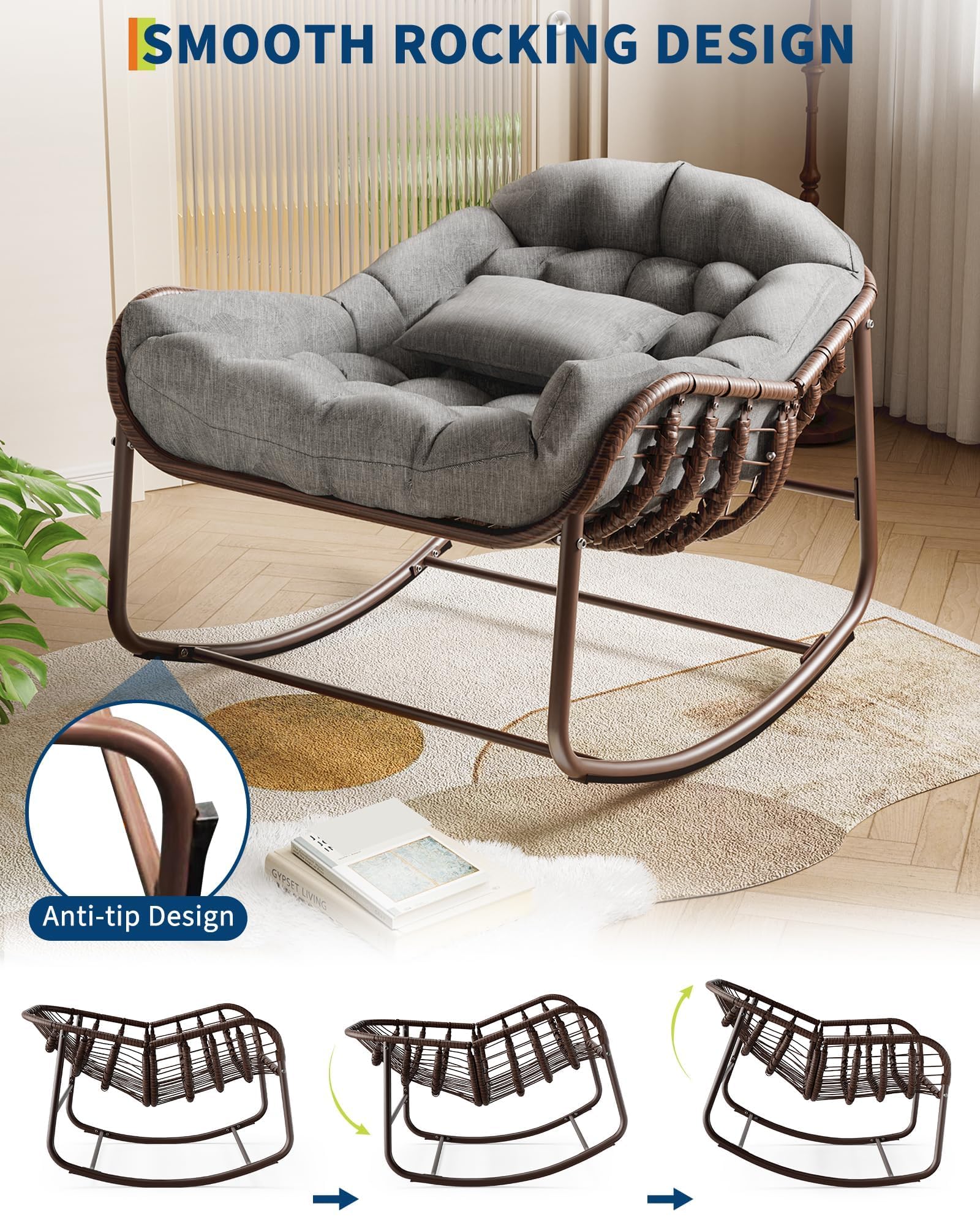 Fauteuil à Bascule En Rotin,Fauteuil oeuf avec Coussin Épais,Charge 130kg,Structure En Métal,Imperméable,Intérieur & Extérieur, Chauffeuse Relax pour jardin,Salon,Balcon,Terrasse,Coin lecture(Gris)