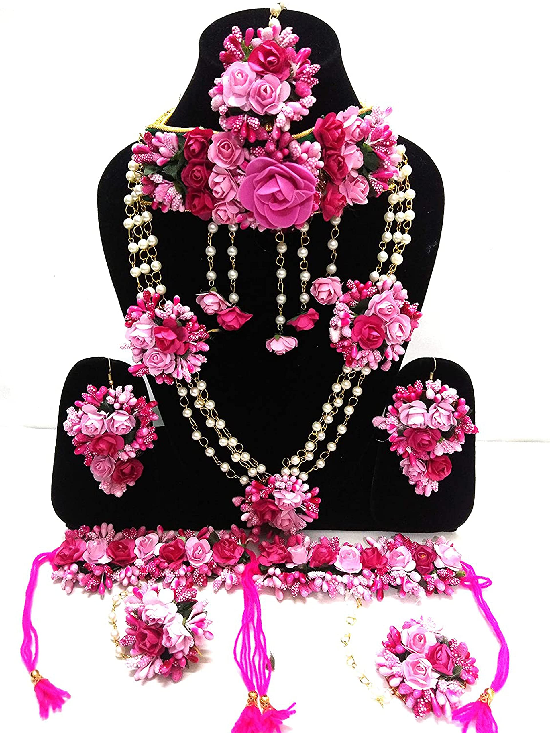 Latest Flower Jewellery Designer Yellow Pink Jewellery Set for Women & Girls (Mehandi/Haldi/Bridal/Baby Shower/Marriage/Wedding) (D,neck pink)-image-5