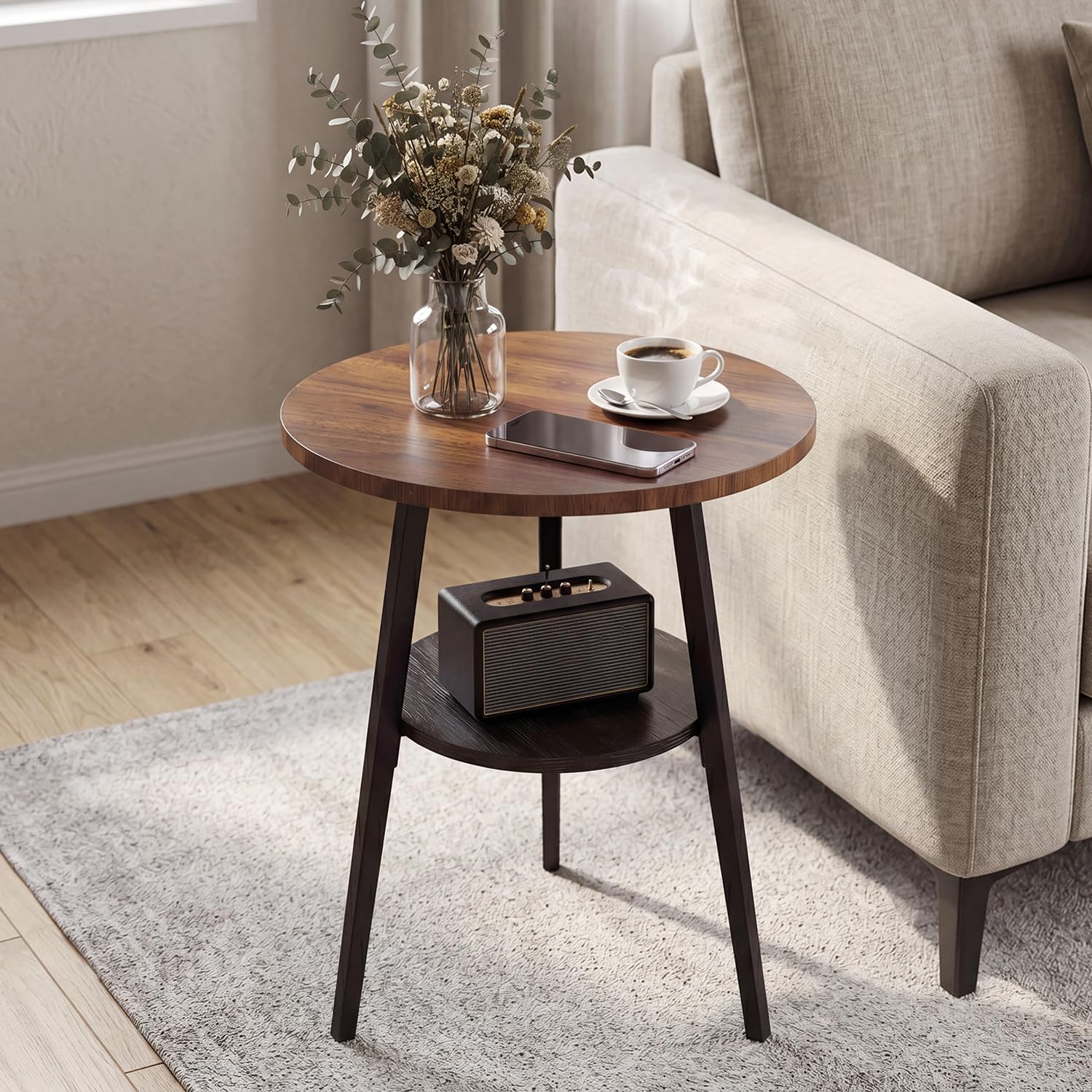 Beistelltisch Rund, Couchtisch Klein mit 2 Etagen, Runder Holz Beistelltisch im Vintage Stil, Nussbaumoptik für Wohnzimmer & Schlafzimmer