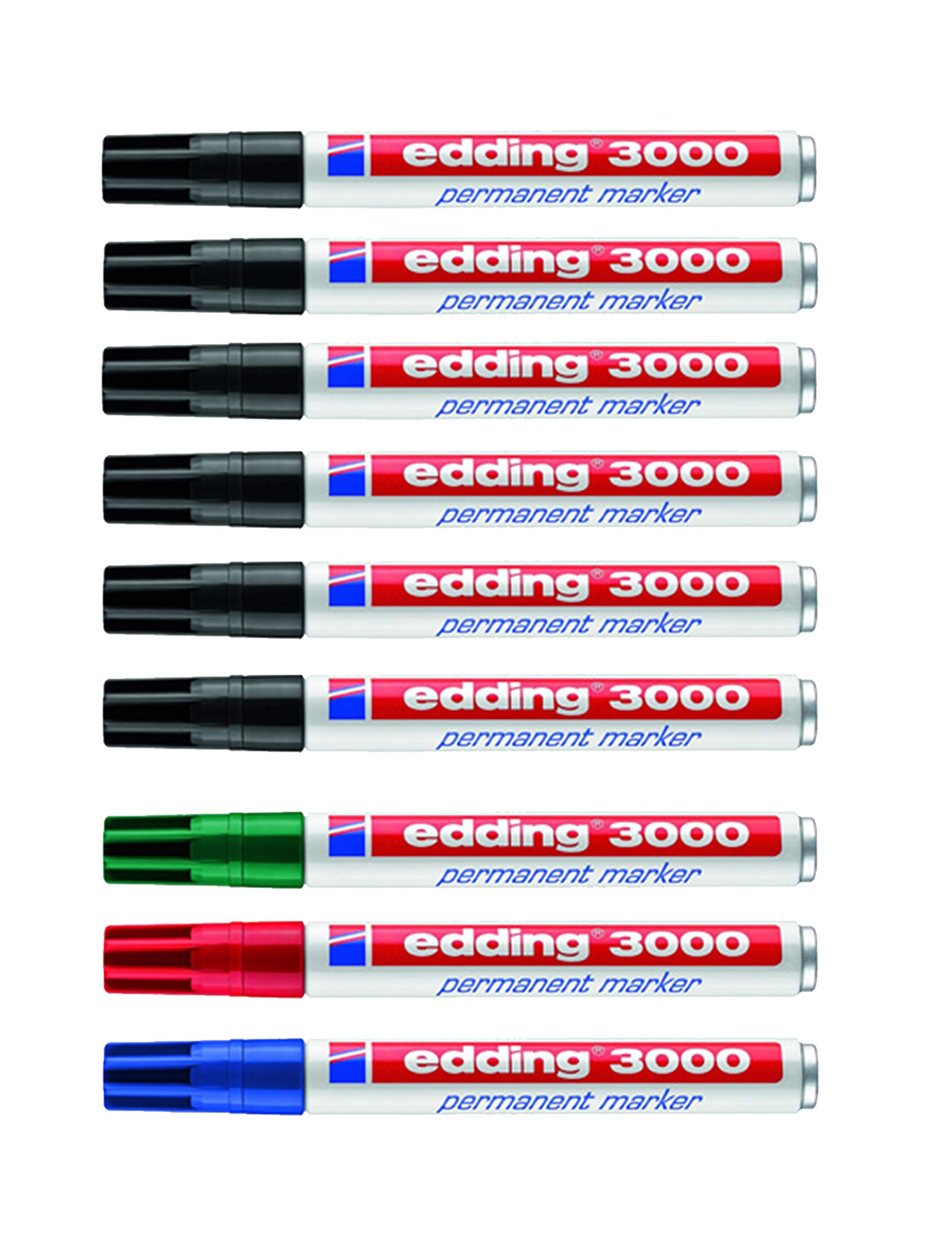 edding 3000 markerów permanentnych, 1,5 – 3 mm, do ponownego nape?nienia (6 sztuk w kolorze czarnym + 3 kolory podstawowe)