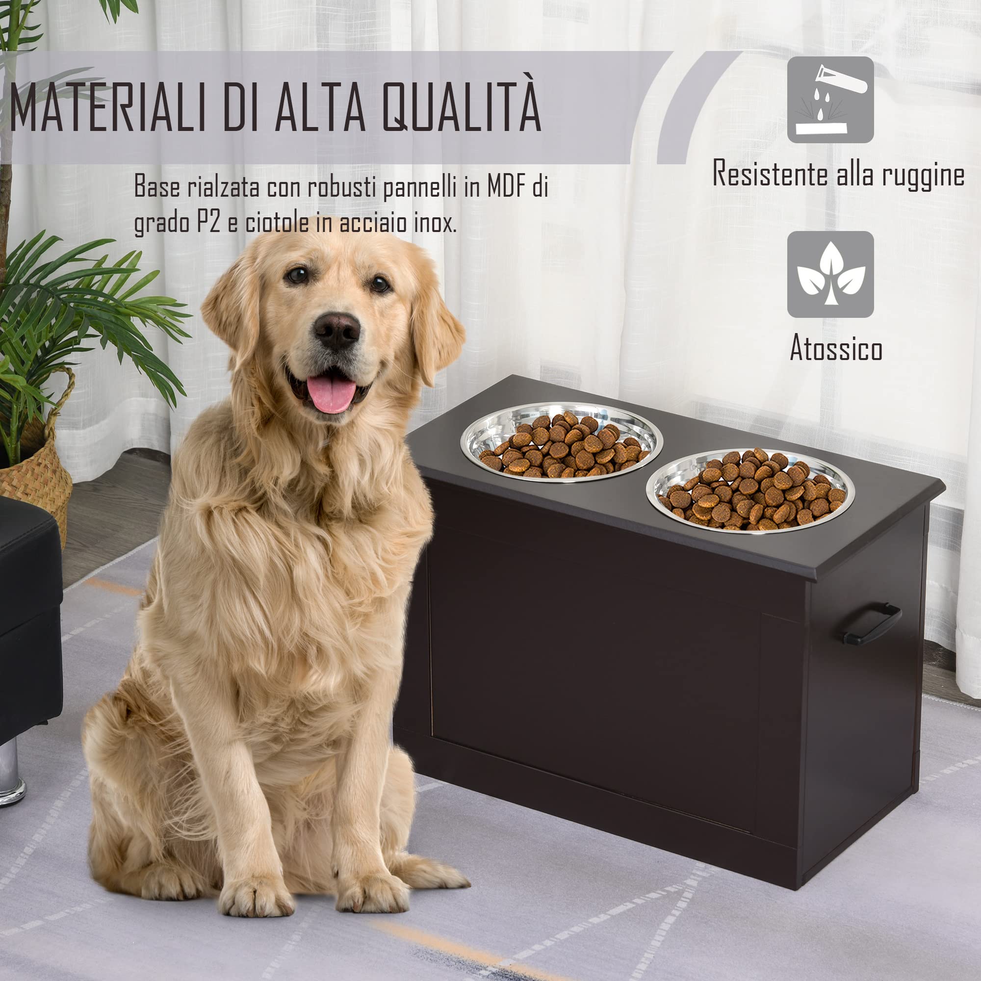 PawHut Ciotole Rialzate per Cani Grandi, Supporto Portaciotole in MDF con 2 Ciotole in Acciaio Inox, 60x30x41 cm, Marrone