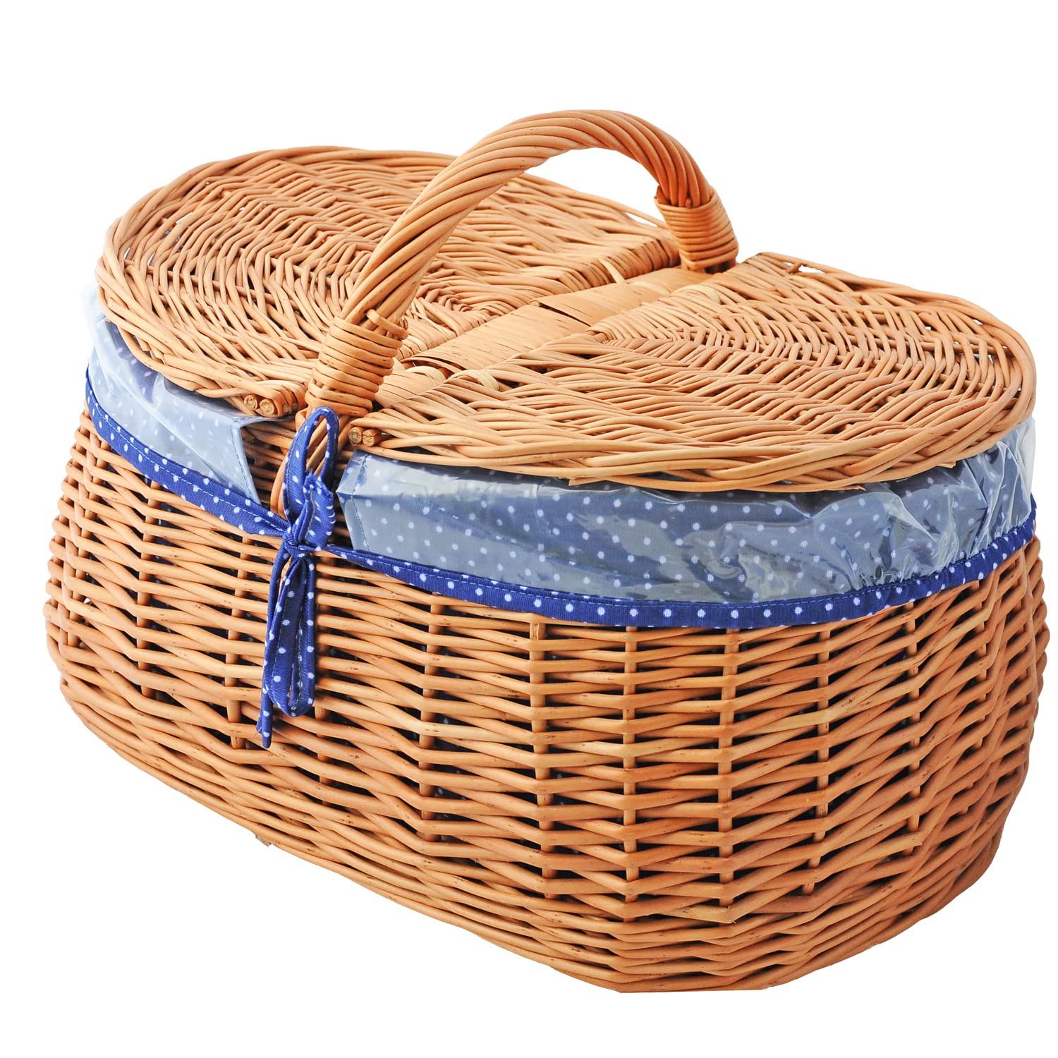 Picknickkorb aus Weide mit Deckel und Stoffeinlage in Blau Schutzfolie Einkaufskorb geflochten oval