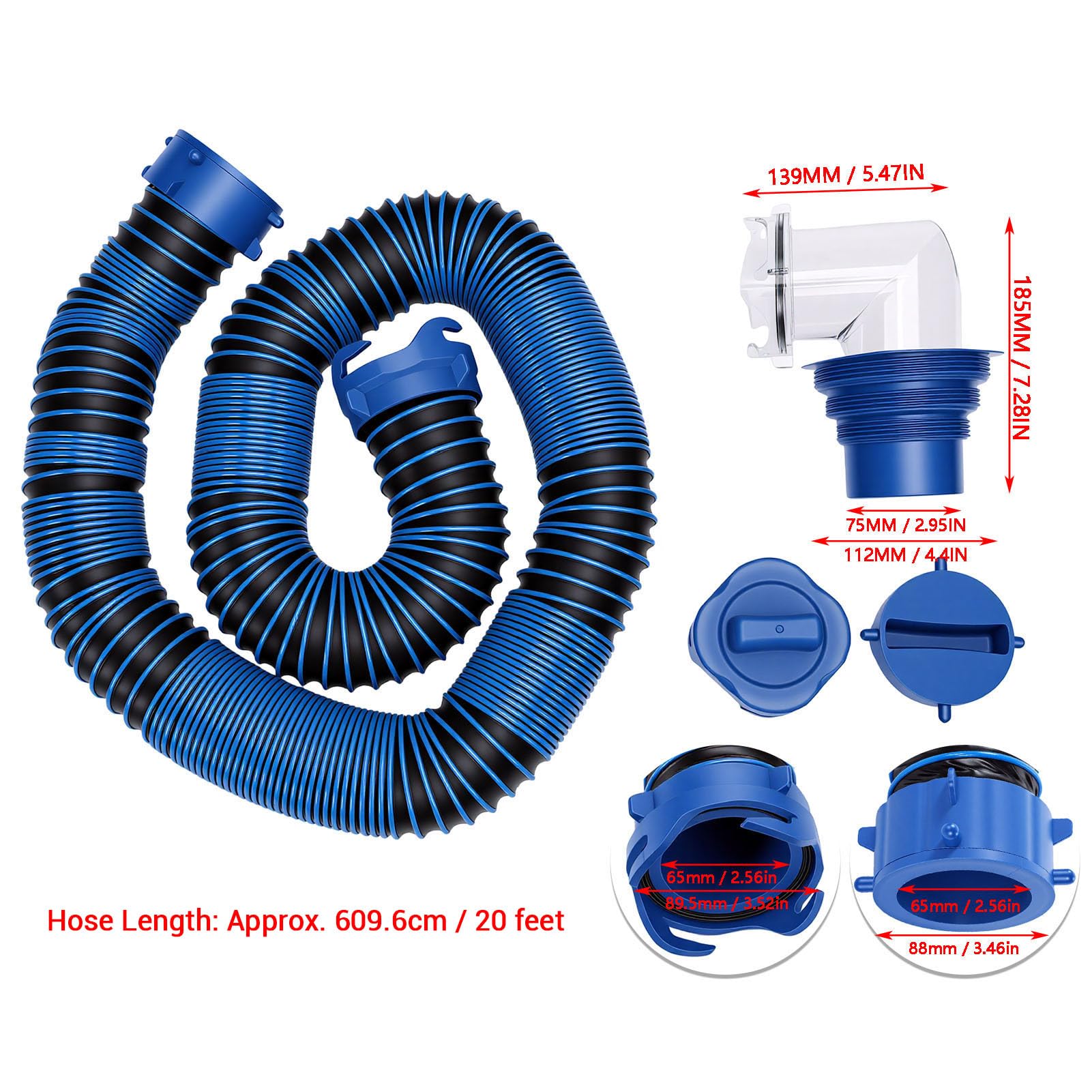 Kit Tubo per Scarico Camper 20 Ft con Gomito Trasparente a 90 | Tubo per acque reflue in TPE con adattatore 4 in 1, tappi terminali a prova di perdite, per serbatoio delle acque reflue