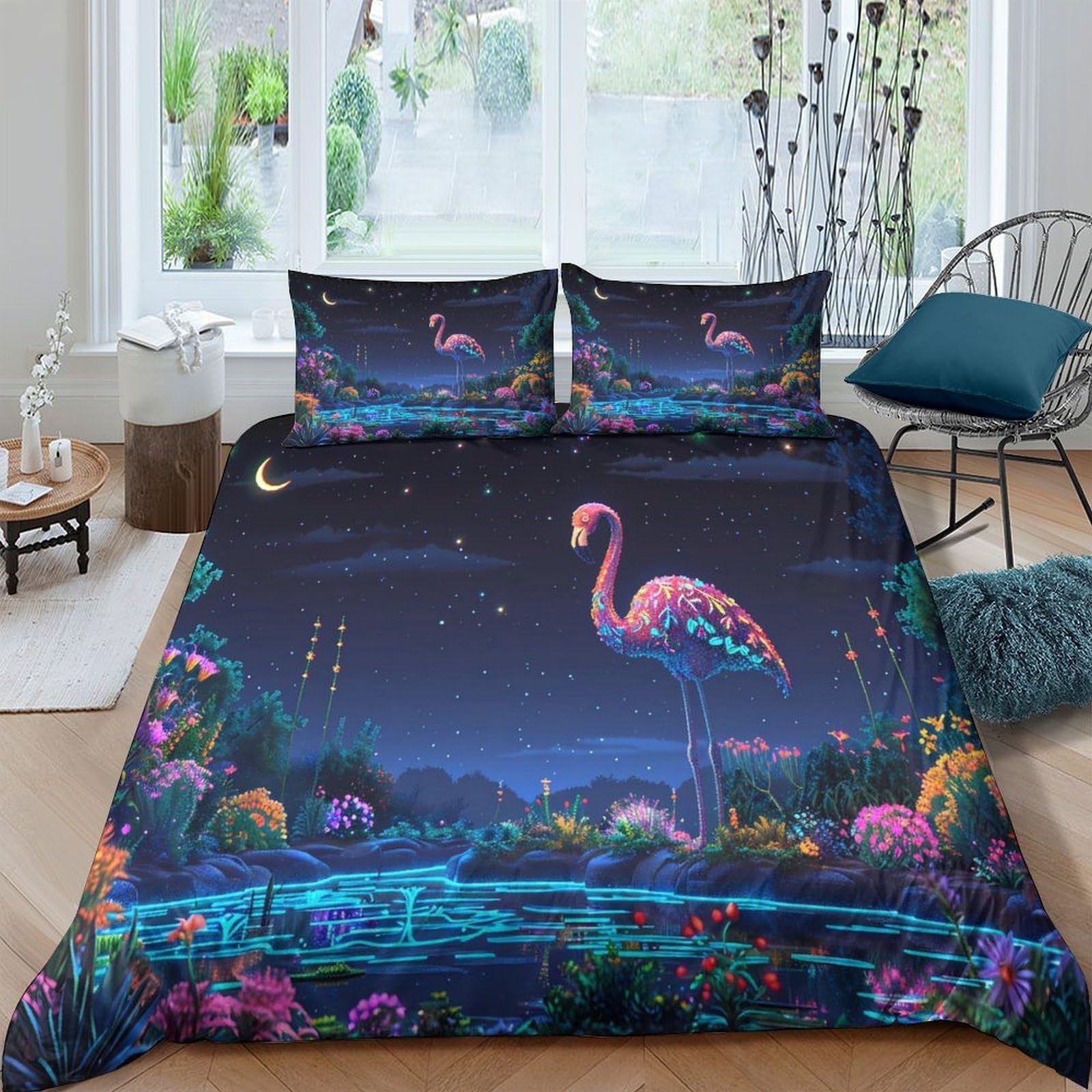 Ctjqhvkz Style-4 3D Printed Night Flamingo Fitted Sheet Microfiber Soft Anti-Slip Tropical Lake Mattress Cover Bedroom Decor Single（135X200cm）