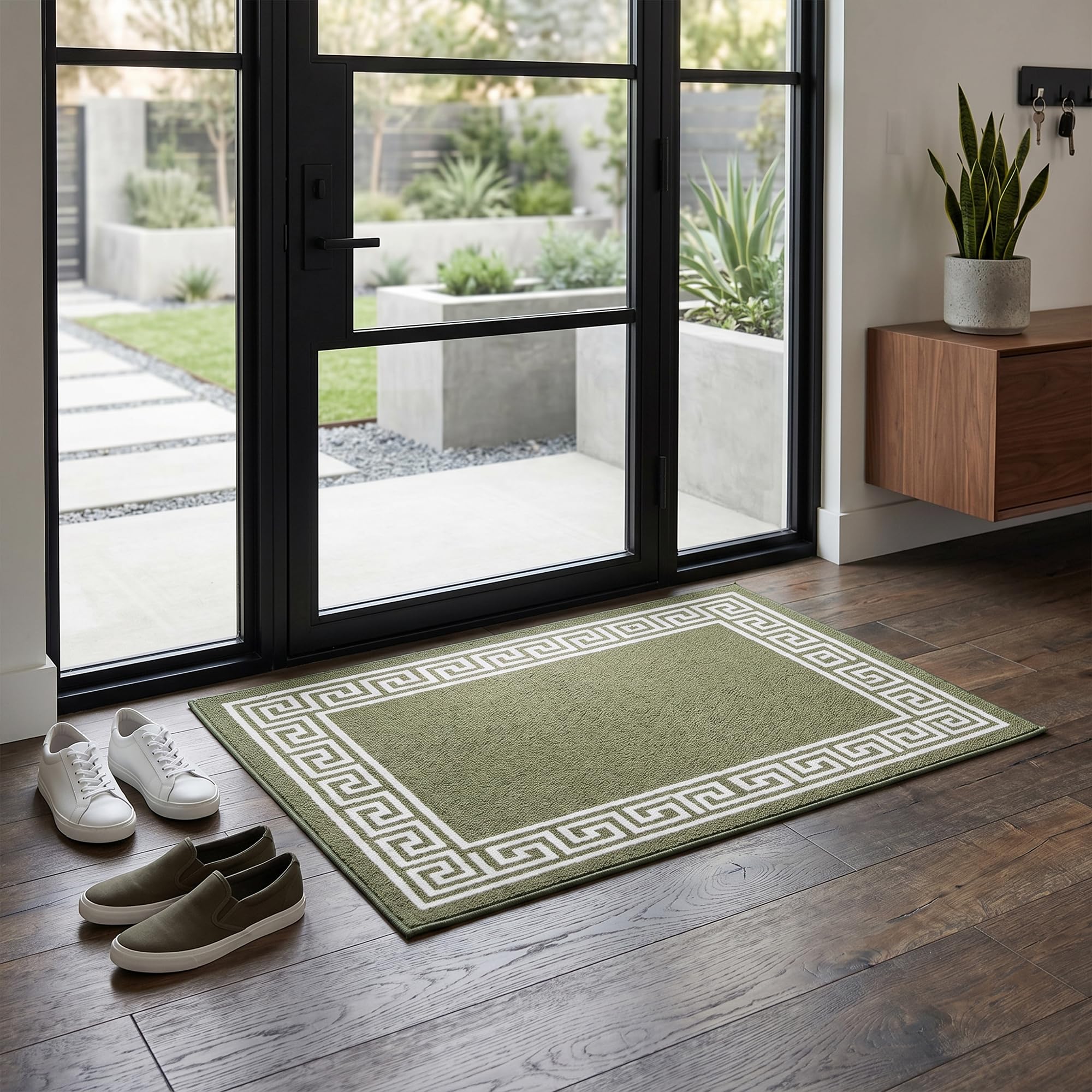 Fit Even Greeky Door Mat – Non-Slip Washable Doormat, Heavy Duty Welcome Dirt Trapper, Water Absorbent Floor Mat for Indoor/Outdoor Use, Front Entrance, and Kitchen (Green & Cream, 50x80 cm)