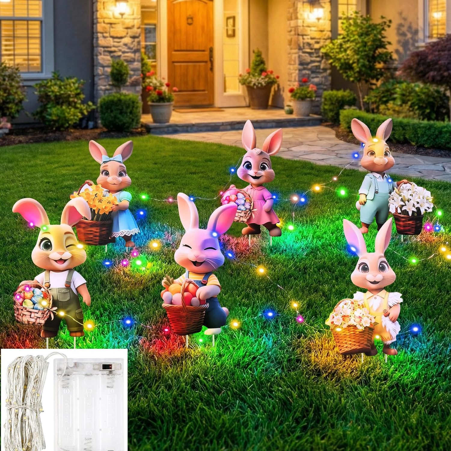 Spring Garden Bunny Lights Outdoor Decoration, 6PCS Rabbit Stake Light with 393.7 Inch String Lights, Cute Yard Lawn Patio Decor for Party, Holiday, Garden Landscape Lighting