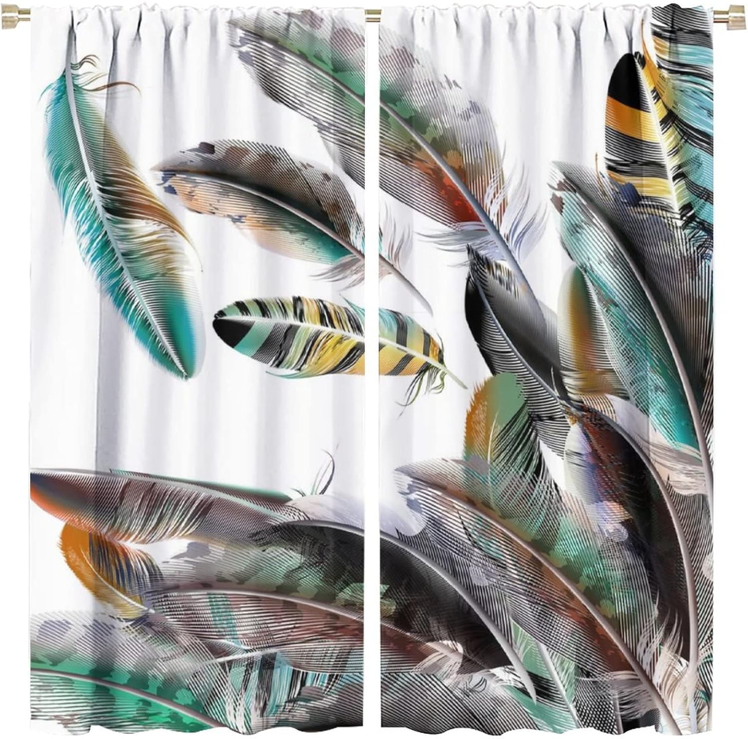 Colorful Boho Feathers Blackout Curtains for Bedroom, Watercolor Animal Retro Peacock Feather Native American Rod Pocket Thermal Insulated Room Darkening Curtains Window Drapes 63x63in