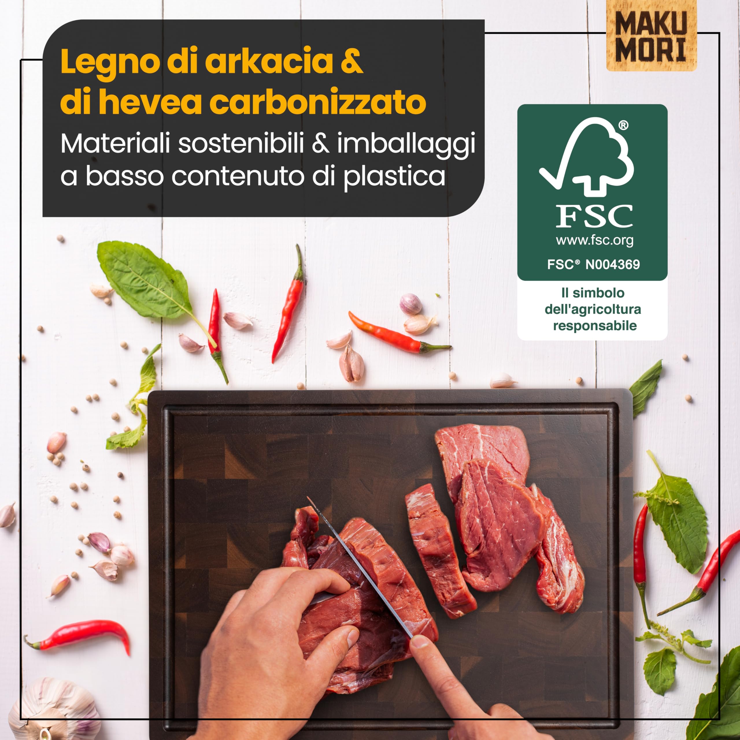 Premium Tagliere Legno di Testa 40x29x3cm Acacia Scuro | Tagliere da cucina in acacia carbonizzata; FSC®; scanalatura per succhi; ampi manici; piedini in gomma antiscivolo