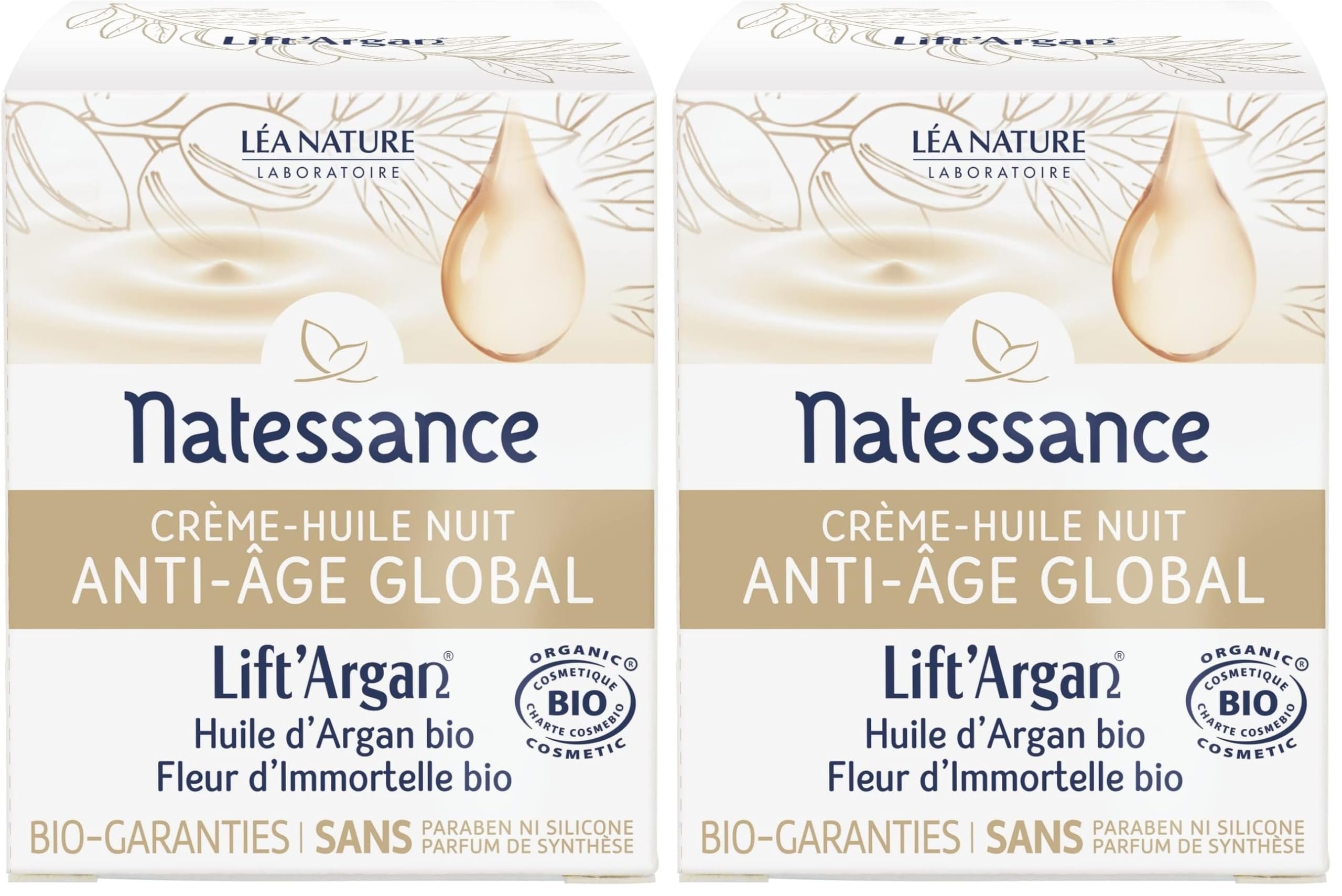 Natessance | Crème-Huile Nuit Anti-Âge Global – Lift’Argan | Lutte contre le vieillissement cutané : rides, fermeté, éclat | Tous types de peaux | 98% d’origine naturelle| Certifié Bio |50 ml