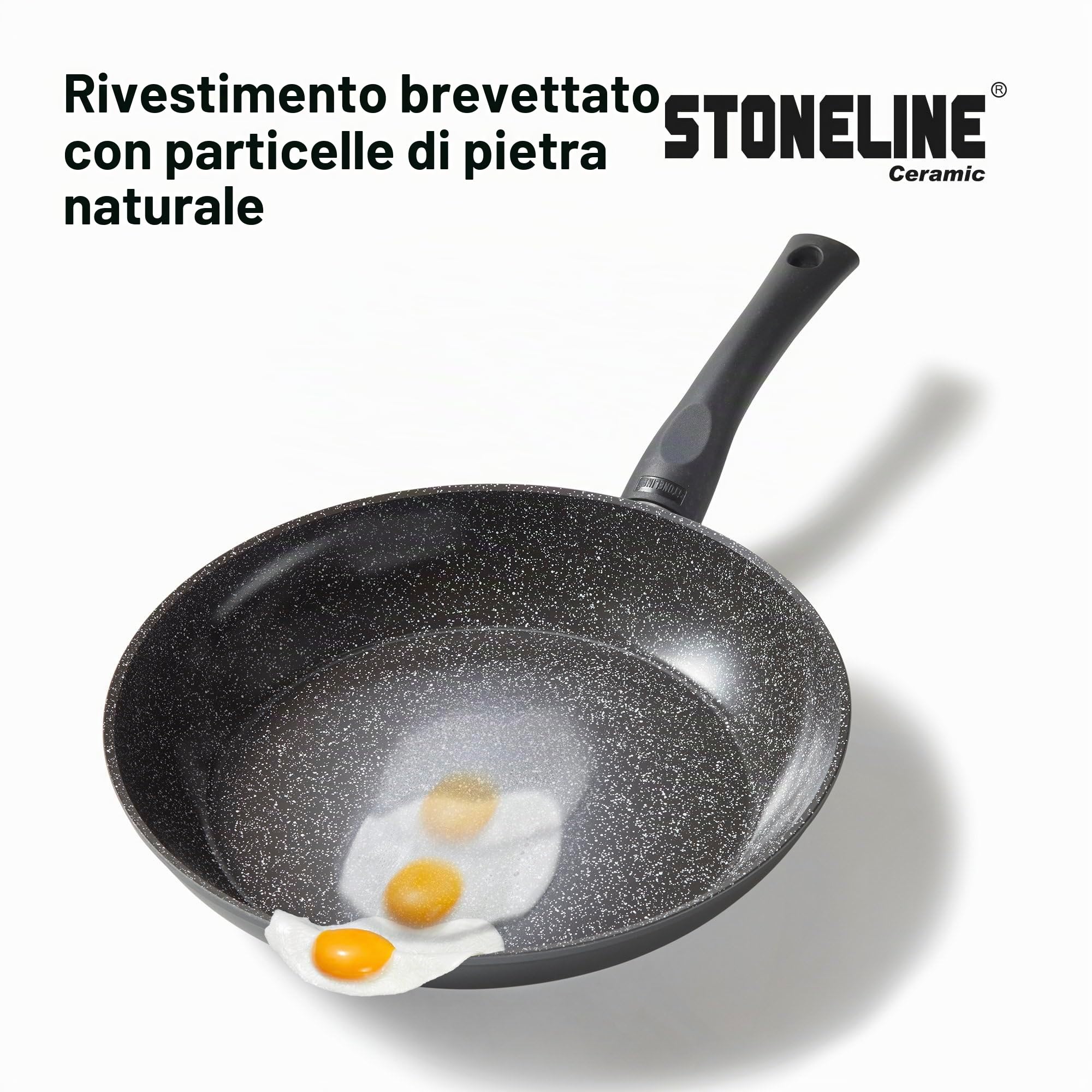 STONELINE Batteria Pentole e Padelle in CERAMICA 16 Pezzi 18/20/24/28 cm, Coperchi Salvapadelle, Rivestimento Antiaderente con Vere Particelle di Pietra Senza PFAS, a Induzione, Tutti i Piani Cottura