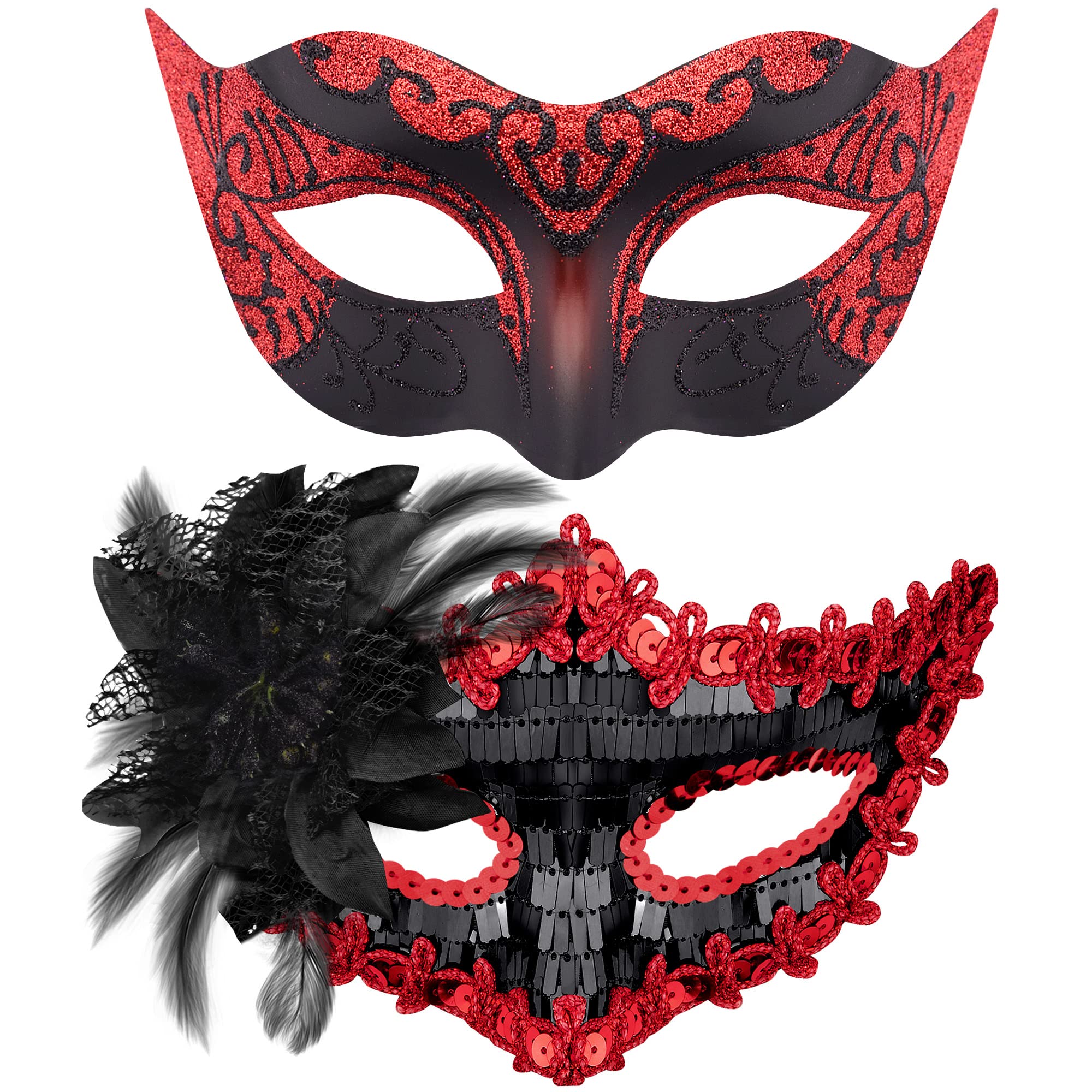 SIQUK 2 sztuki para maska wenecka maskarada maska maska maskaradowa maskaradowa maskaradowa dla kobiet, mężczyzn, oczu, na Halloween, karnawałowa maskarada, czarna i czerwona