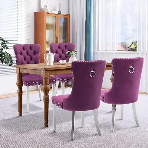 Miniatura 11 de Juego de 6 sillas de comedor de terciopelo, sillas de comedor tapizadas acolchadas con ribete de tachuelas y patas de madera maciza para cocina,