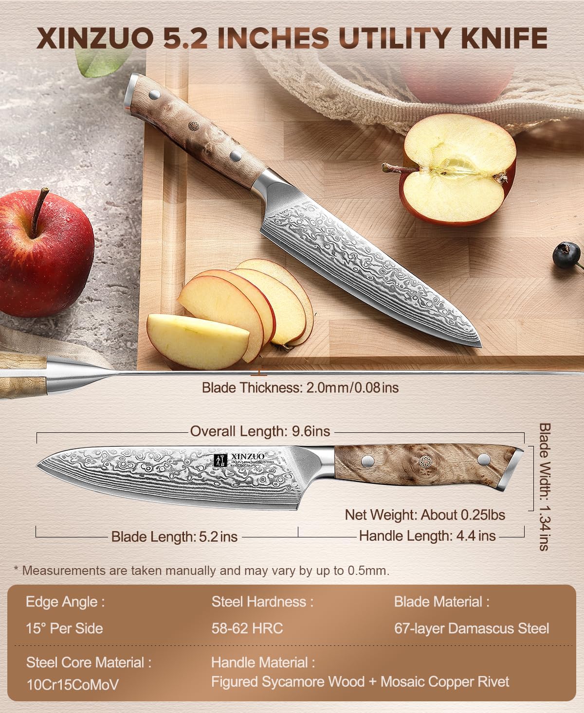 XINZUO 5.2-inch Damascus Steel Petty Knife,67-layer Steel,Perfect for Cutting Fruit and Vegetables Peeling Multipurpose Kitchen Knife with Figured Sycamore Handle