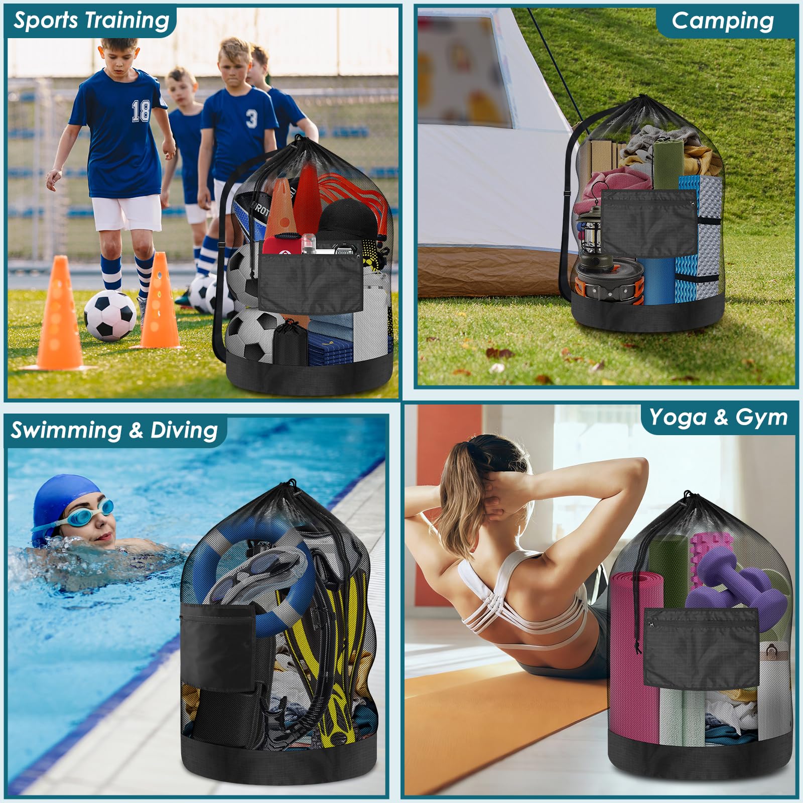 BROTOU Heavy Duty Soccer Ball Net Bag Drawstring Mesh Ball Bag with Zipper Pocket, Sports Equipment Storage Organizer Hold for Gym, Cloth, Beach, Swimming Gears (1pc-Durable Upgrade)