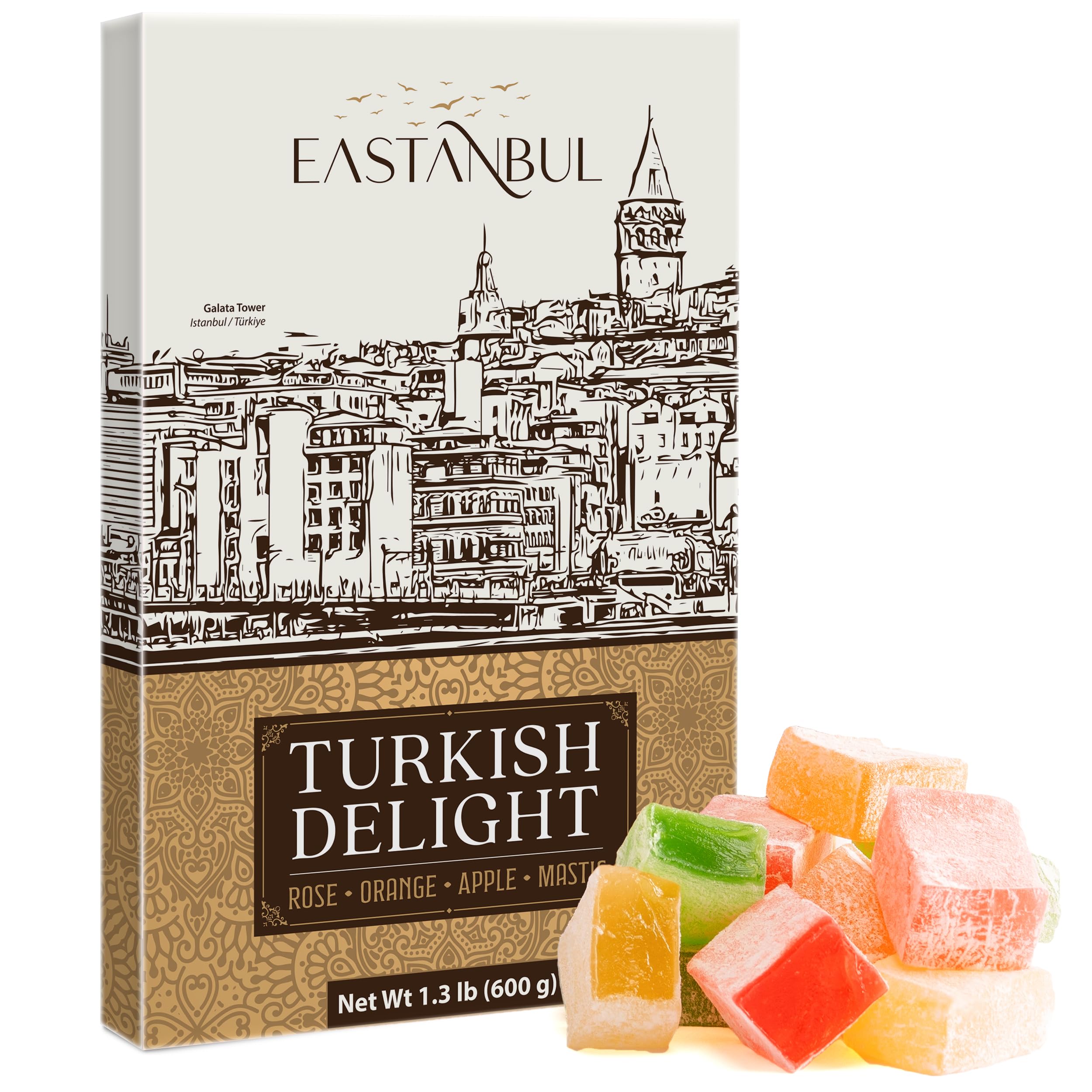 Eastanbul Turkish Delight, 21.2oz, Turkish Delights Candy Assorted, Rose, Orange, Apple, Mastic Flavor, International Candy, Lokum, Plain, Gluten Free, Vegan