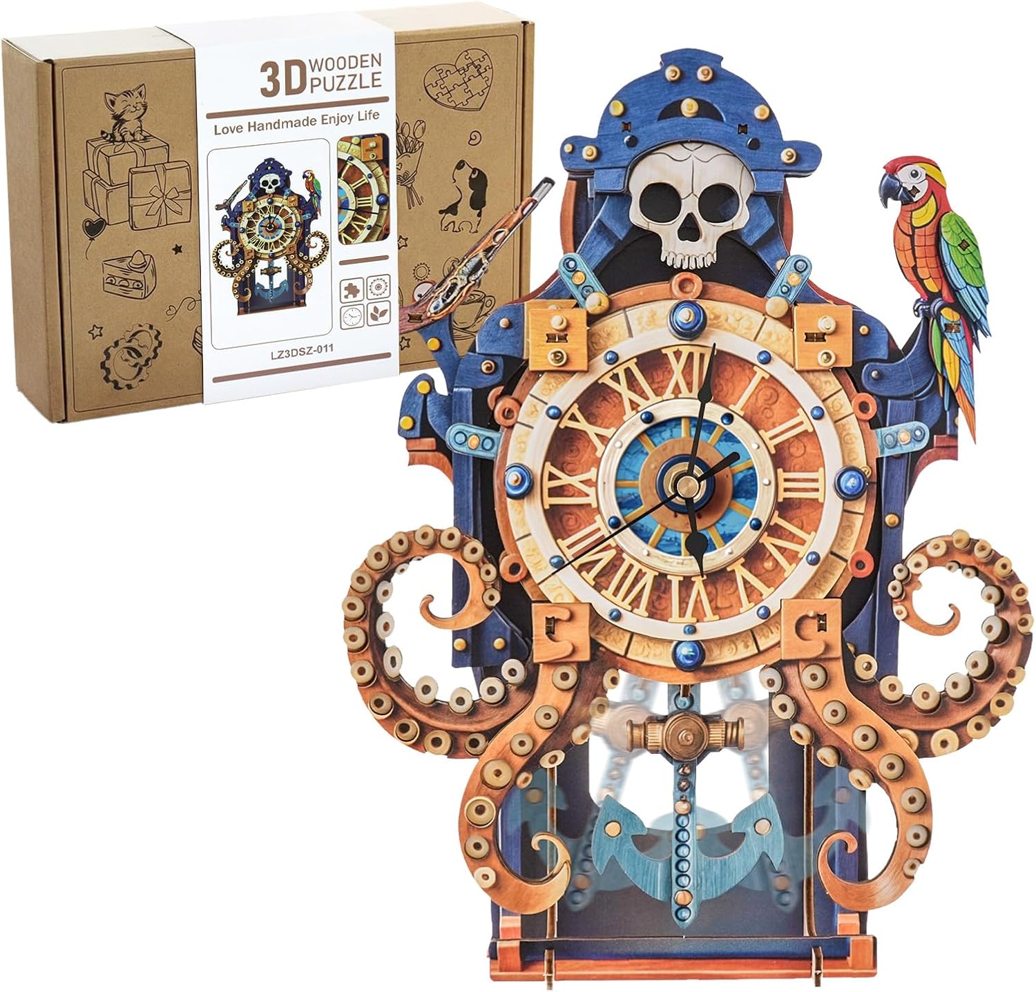 3D Wooden Octopus Pirate Puzzle Clock - Mechanical Model Kit with Anchor Pendulum & Pirate Theme, DIY Building Kit for Adults Teens, Vintage Wall Clock for Home Office Decor, Unique Gift for Men