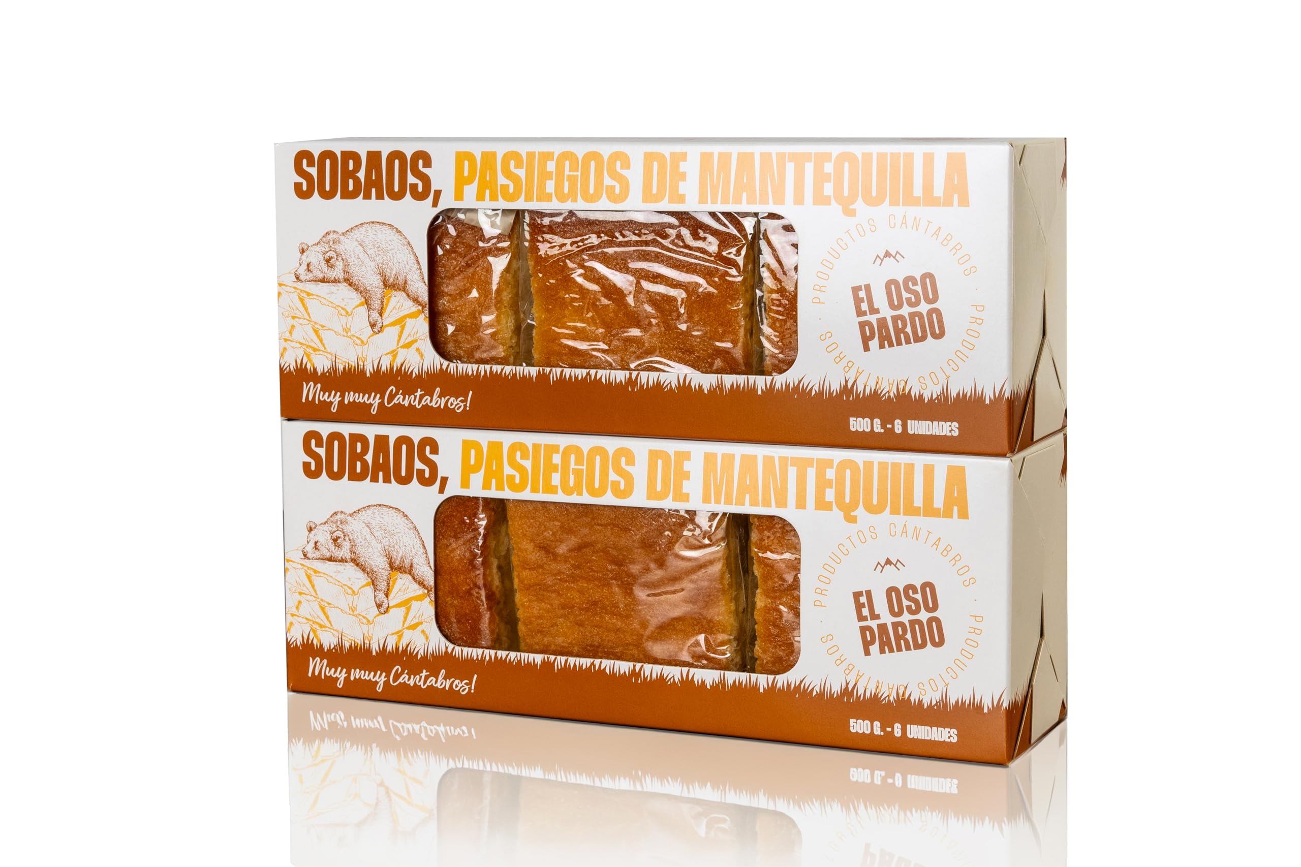 EL OSO PARDO Sobaos Pasiegos IGP - Receta Tradicional de Cantabria, Bizcocho de Mantequilla, 6 uds. Tamaño Mediano, Caja 500 g.