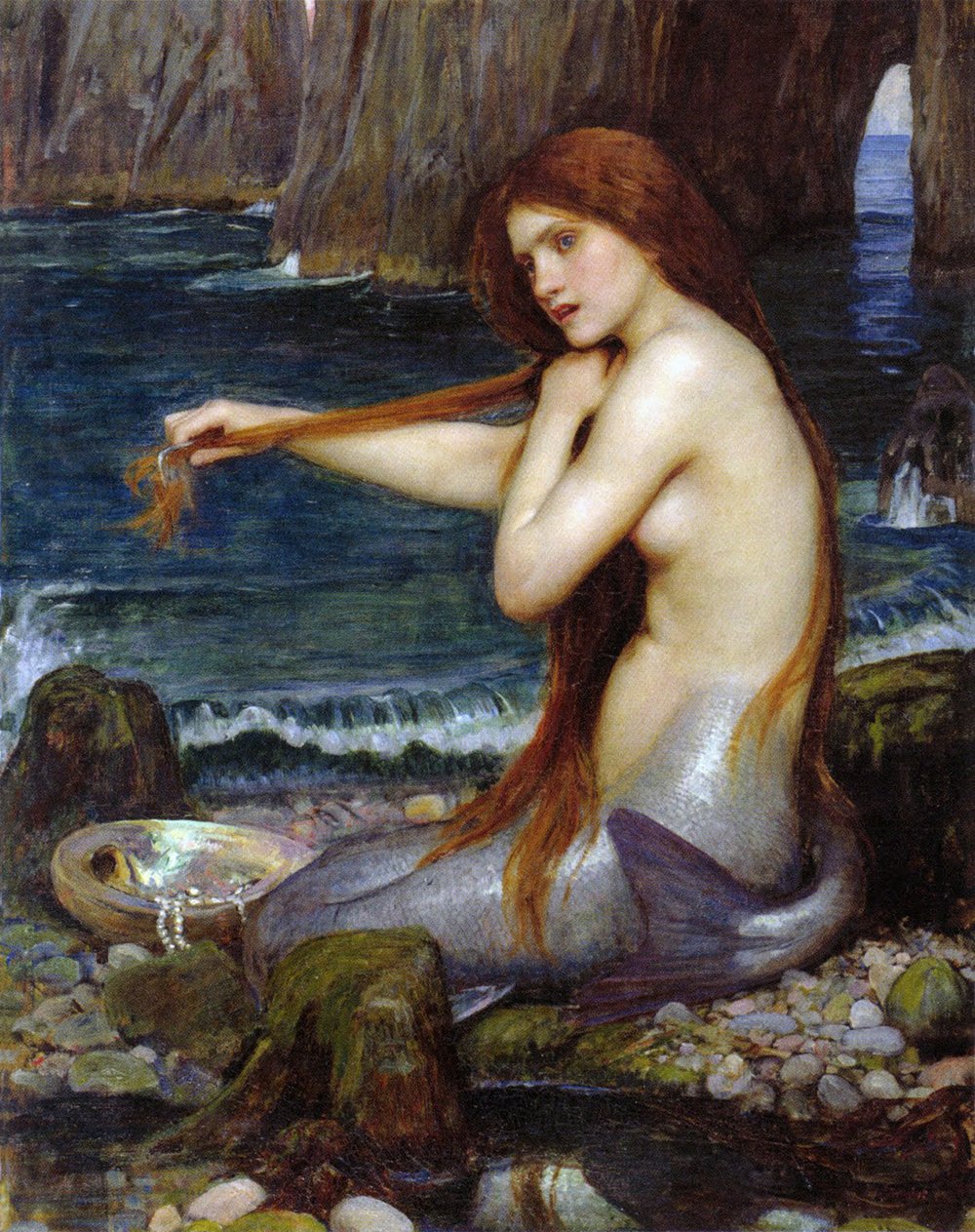 Toile d'art Mermaid II par Waterhouse avec cadre en bois de conservation