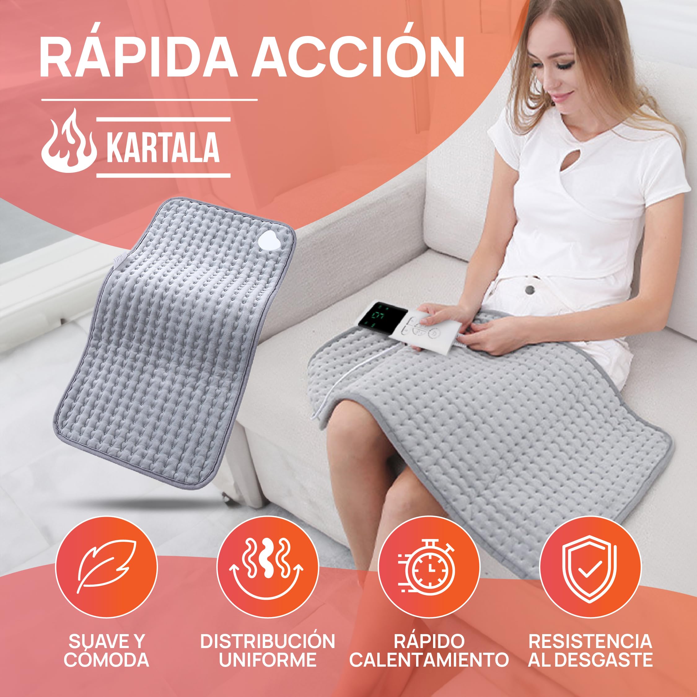 Super Pack Manta Térmica Lumbar Kartala 30×60 cm con Bolsa | Manta Eléctrica para Cuello, Espalda y Zona Lumbar | 9 Temperaturas, 4 Temporizadores | Lavable y Portátil