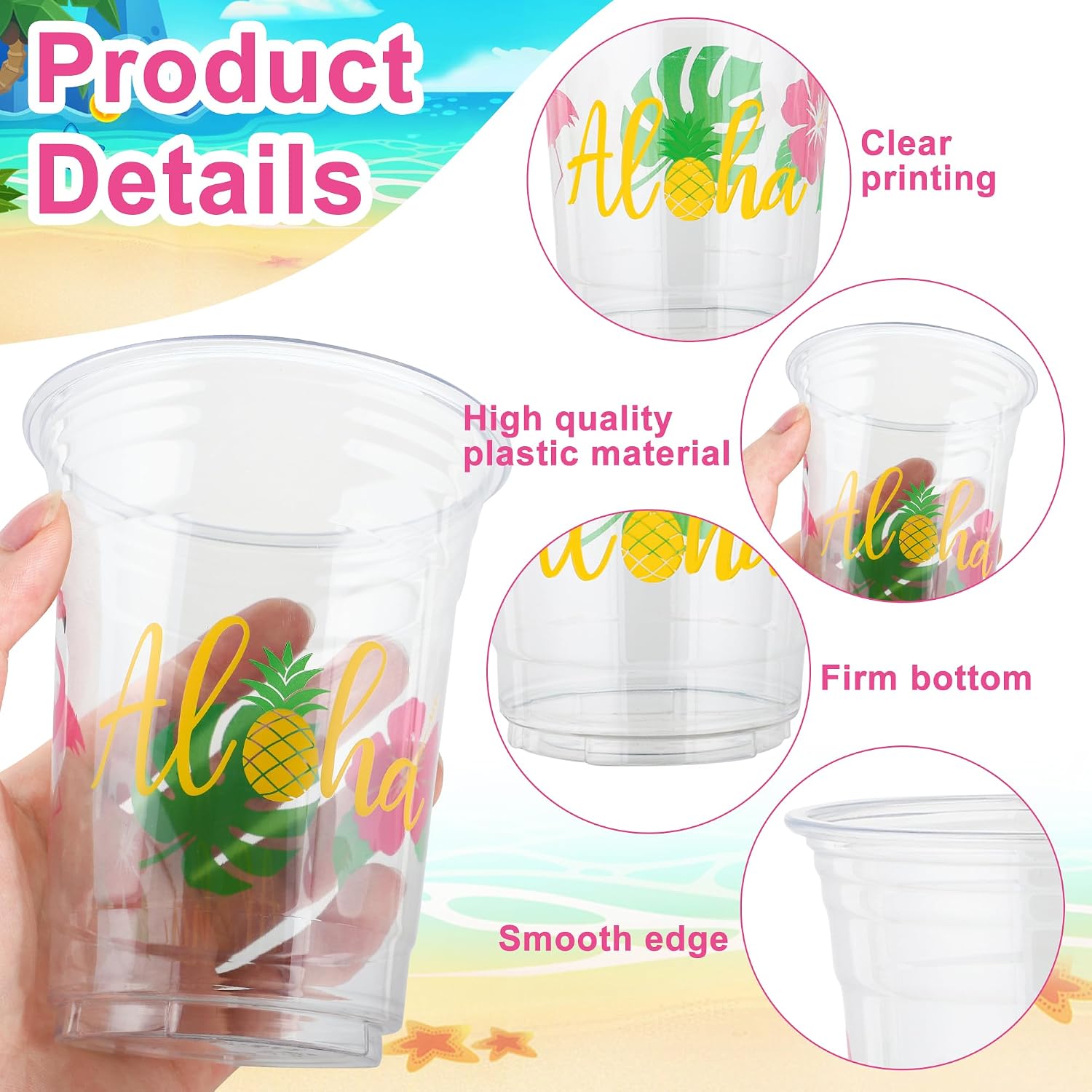 50 Pcs Hawaiian Luau Party Cups 16 oz Tropical Luau Drinking Cups Disposable Aloha Pineapple Clear Cup Plastic Hawaii Hibiscus Flamingo Cup for Tropical Birthday Party Supplies