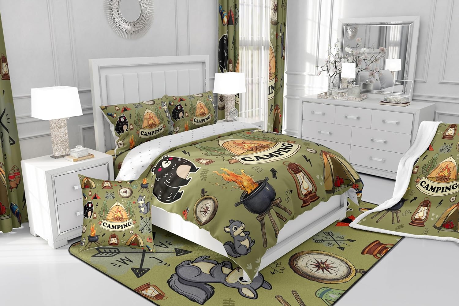 Erosebridal Kids RV Camper Queen Comforter Set,Camping Tent Bedding Set for Boys Girls Room Decor,Forest Bear Fox Bed Set Rustic Style Travel Trailer Bedding Comforter Sets,2 Pillowcases