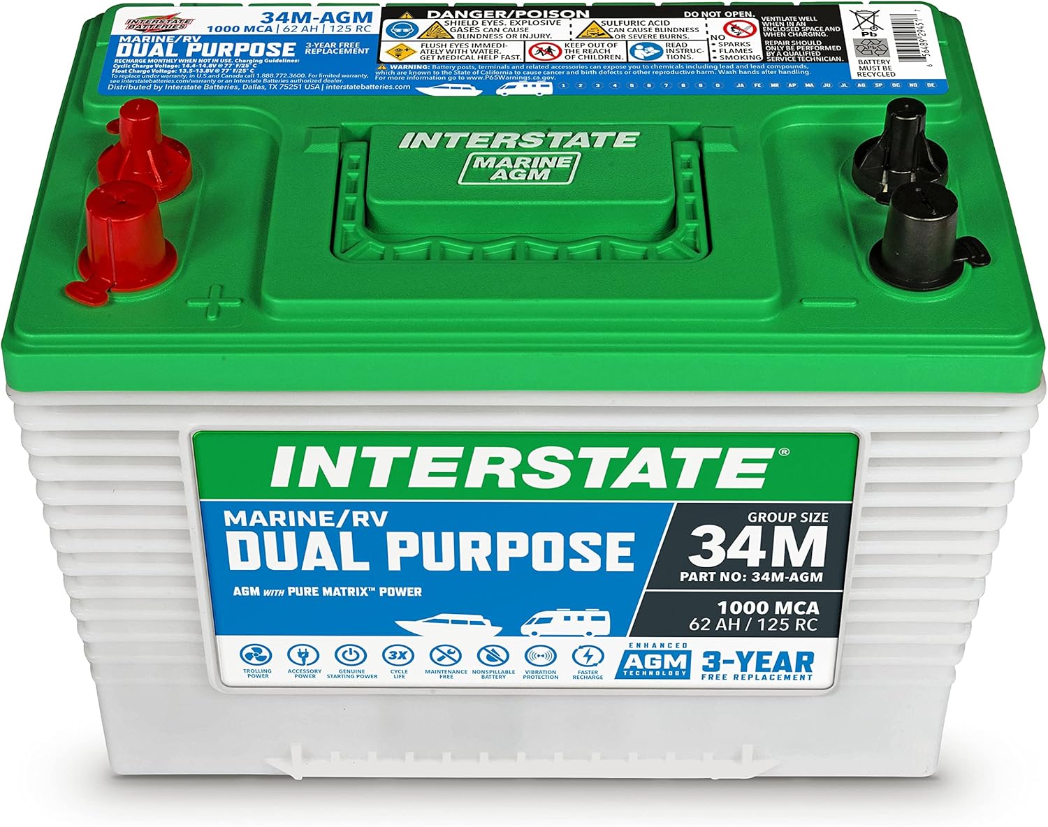 Interstate Batteries Marine/RV Battery 12V 62Ah 800CCA (34M-AGM) Dual Purpose Power Pure Lead AGM RV & Marine Starting Replacement Battery (Group Size 34M) Boats, RV's