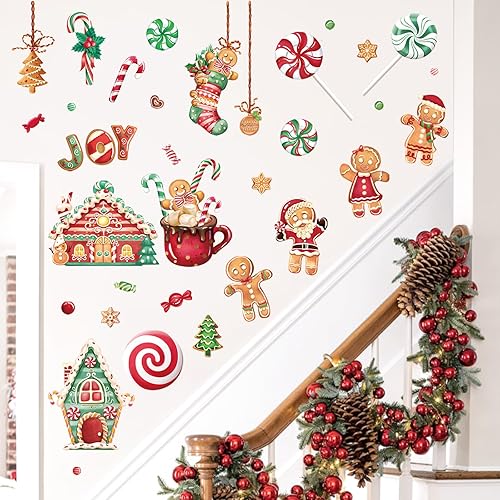 Miniatura 3 de wondever Calcomanías de pared de hombre de jengibre de Navidad, galletas de caramelo de menta, calcomanías de arte de pared para ventana de Navidad,