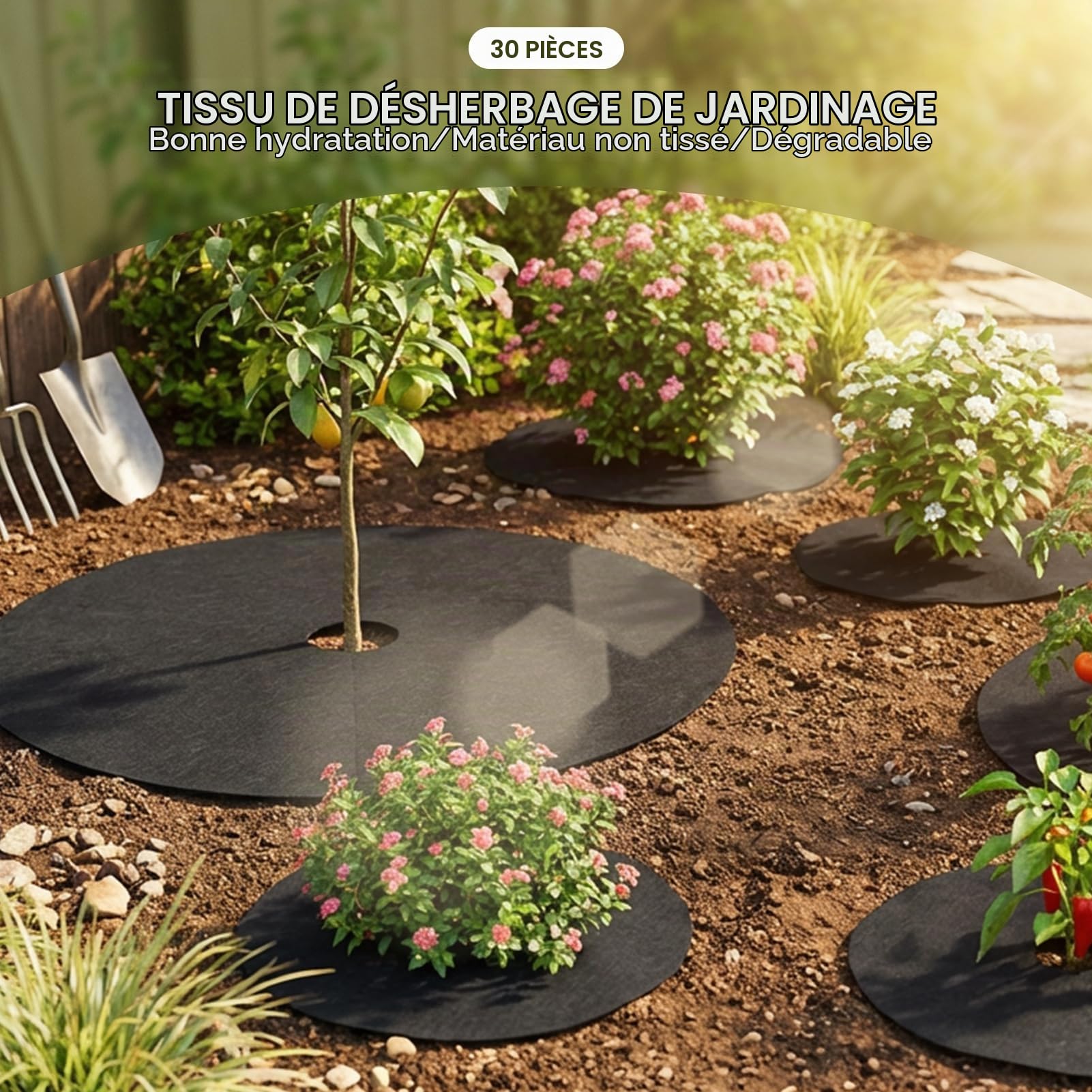 30 Pack Anneau de Tapis de paillis d'arbre Anti-Herbe recyclé, Couverture végétale de Tapis de Protection d'arbre dégradable pour la Protection des Racines de contrôle des Mauvaises Herbes