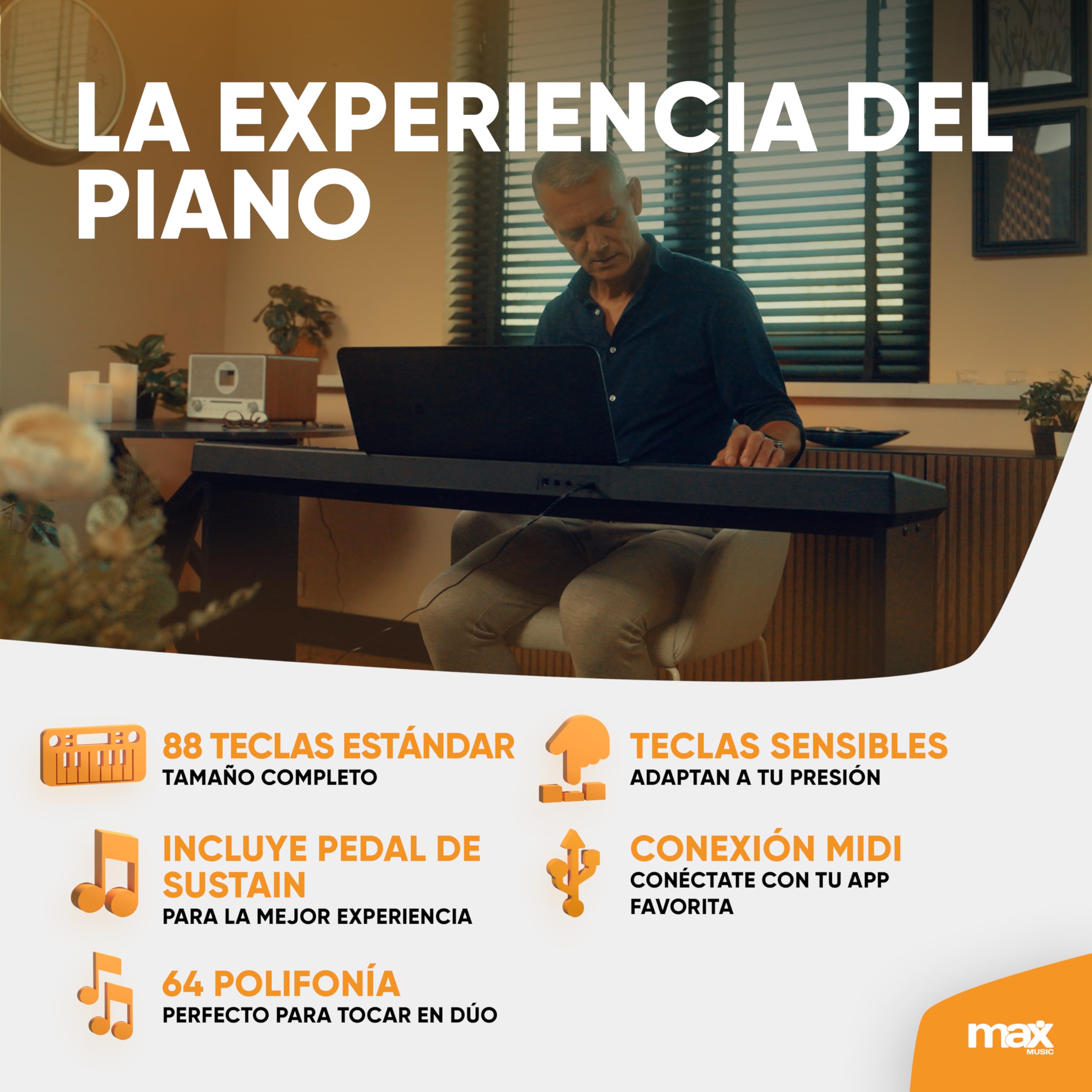 MAX Rhapsody DP88 Piano teclado digital de 88 teclas sensibles al tacto, altavoces estéreo, pedal sustain, 10 sonidos, ritmos, 26 canciones demo, efectos, conexión USB/Midi, soporte de partituras