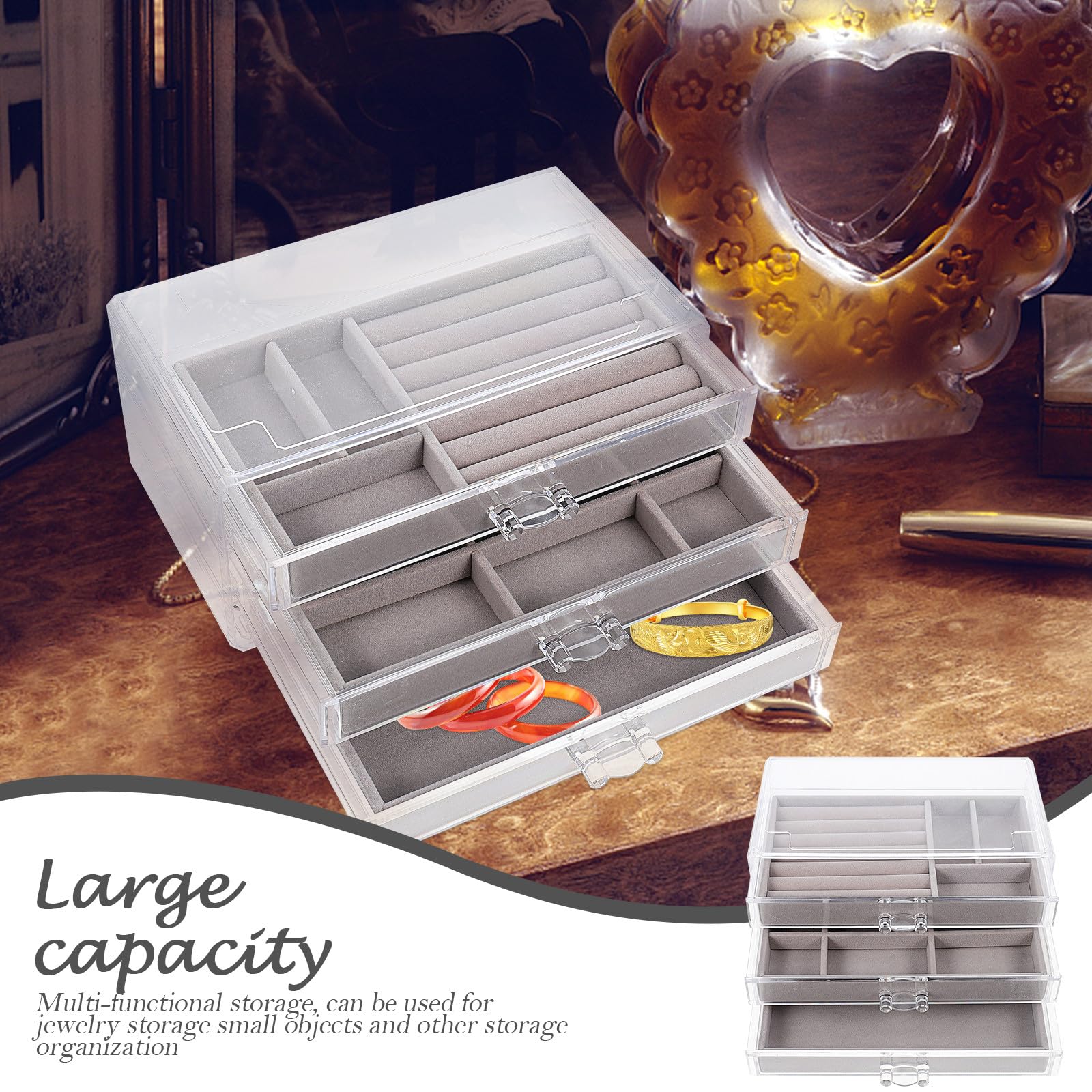 TOYANDONA Organizer Portaoggetti Tre Cassetti per Gioielli in Plastica Durevole, Contenitore Trasparente per Uso su Scrivania e Camera da Letto