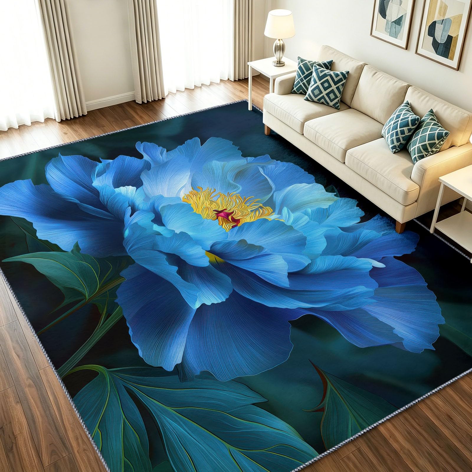 Alfombra lavable 90x150 con base antideslizante y diseño floral de peonías azul para interior