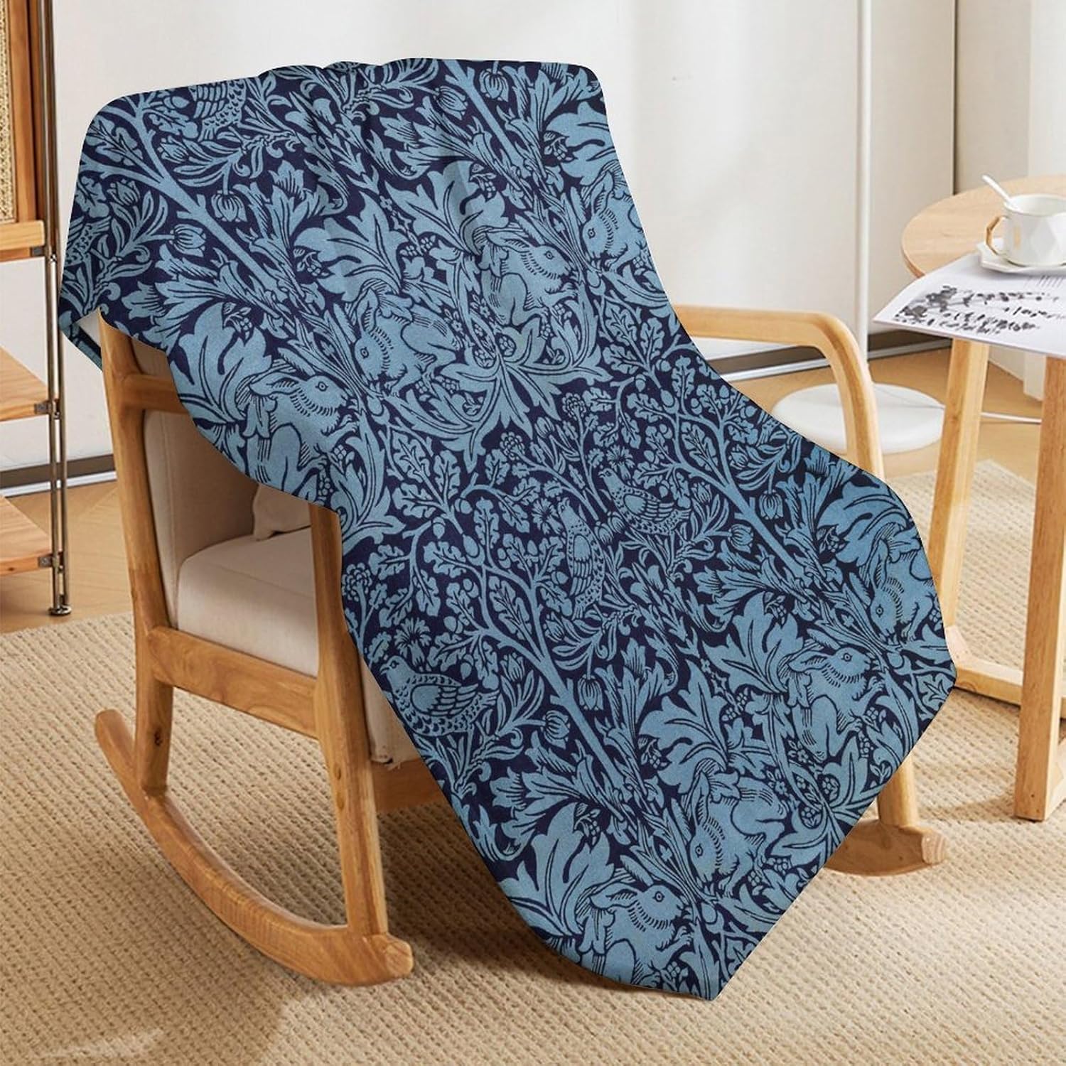 Vintage Floral Throw Blanket William Morris Art Flowers Bird and Rabbit Blue Print Blanket for Sofa Bed Couch Chair Or Dorm 60"x80"