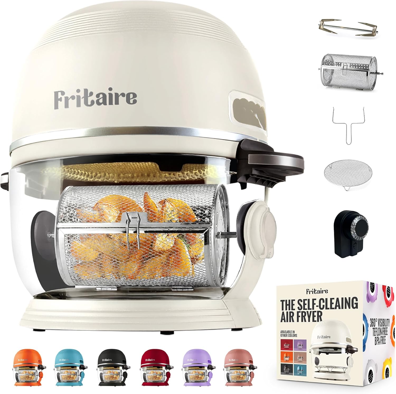 Non Toxic Air Fryer™ Pro | 9-in-1 Glass Air Fryer | Self-Cleaning | 5 Quart | Rotisserie and Tumbler | 400F Vortex For Even Cooking, BPA-Free Teflon Free, Recrisp, Roast, Bake, White