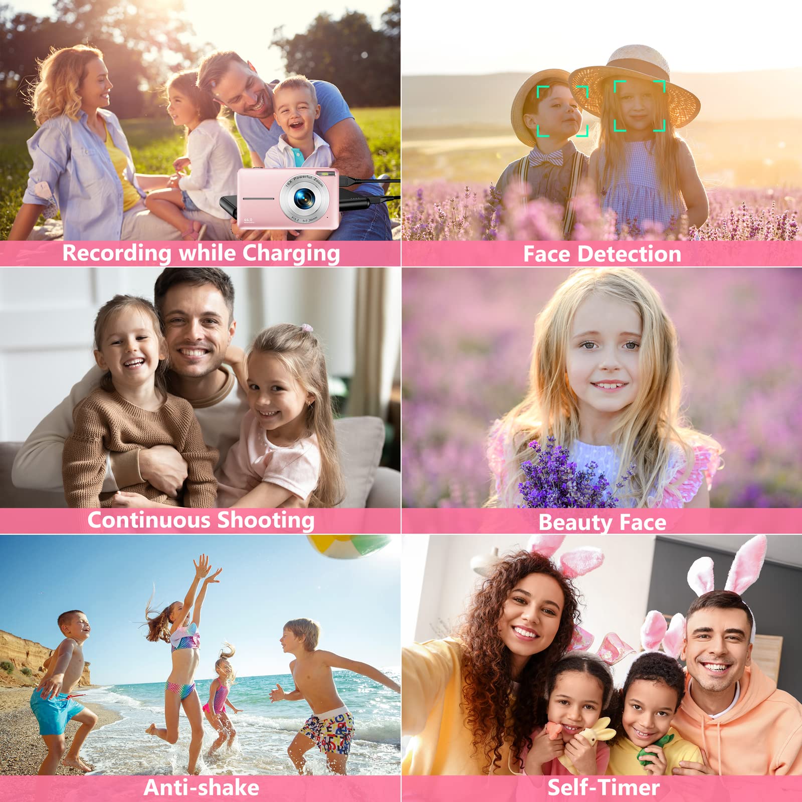 Appareil photo numérique compact 1080P - FHD - 44MP - Carte 32 Go - Caméra rechargeable de vlogging - Écran LCD, zoom numérique 16x et 1 pile - Pour étudiants, adolescents, filles, garçons - Rose