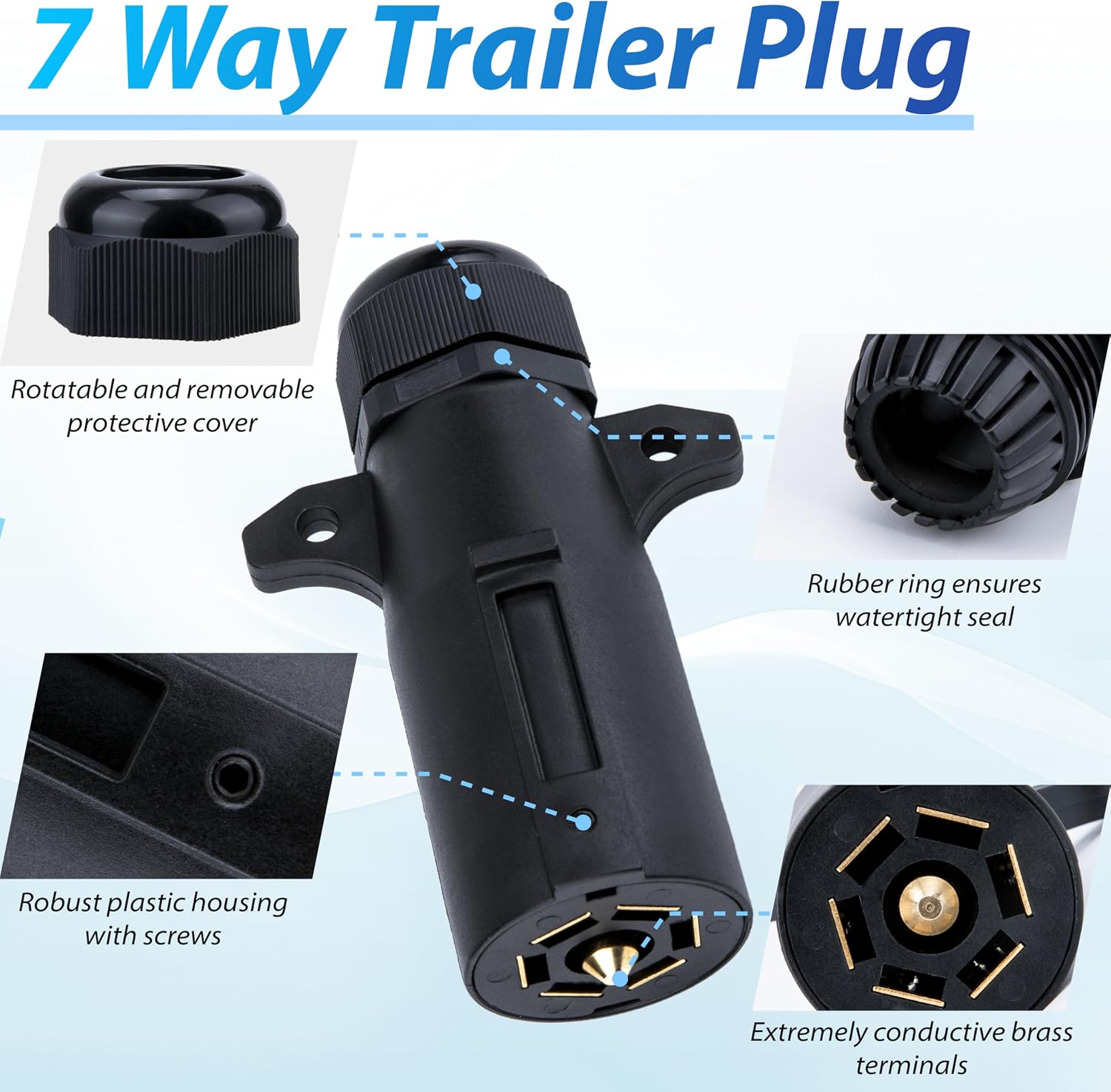 ecocstm 7 Pin Trailer Plug with Waterproof Seal, Round RV-Style 7 Way Trailer Plug, Heavy Duty 7 Pin Trailer Connector, Detachable Trailer Light Wiring Harness for RV Boat Trailer 12V