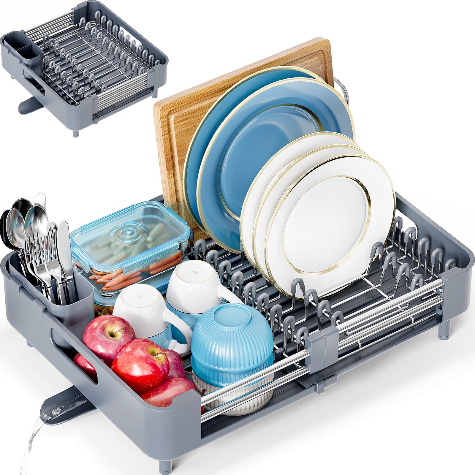 KINGRACK Escurreplatos, Escurridor de Platos Extensible, Escurreplatos Acero Inoxidable con Portacubiertos Extraíble, Escurridor de Platos para Fregadero Ajustable con caño de Drenaje Giratorio, Gris
