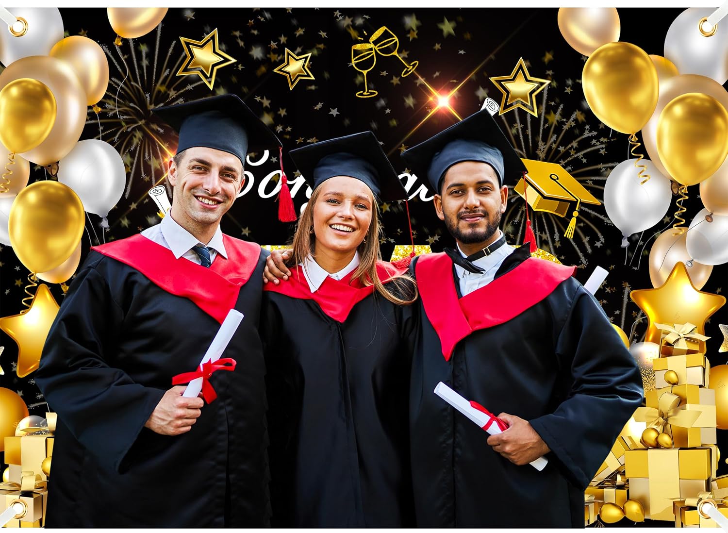 Graduation Banner Class of 2026 Black and Gold Graduation Backdrop 7x5ft Polyester Grad Banner Grad Photo Background for Prom Party Supplies with Ribbon image 5